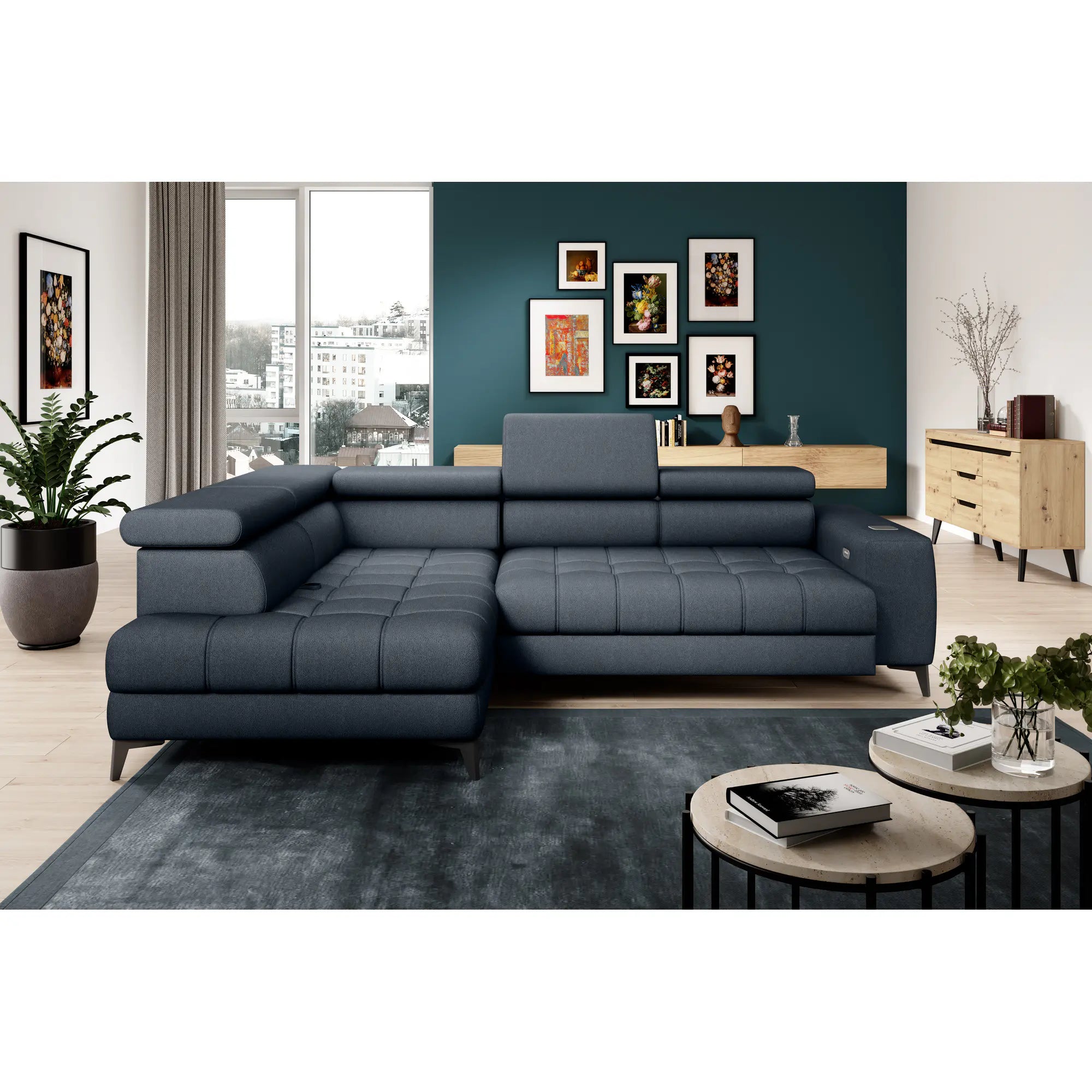 Coltar modern pentru living BAGGIO, sezlong stanga, stofa catifelata albastru - Whisper 12, Gama Premium, cu reglaj electric, incarcator wireless, 280x196x100 cm