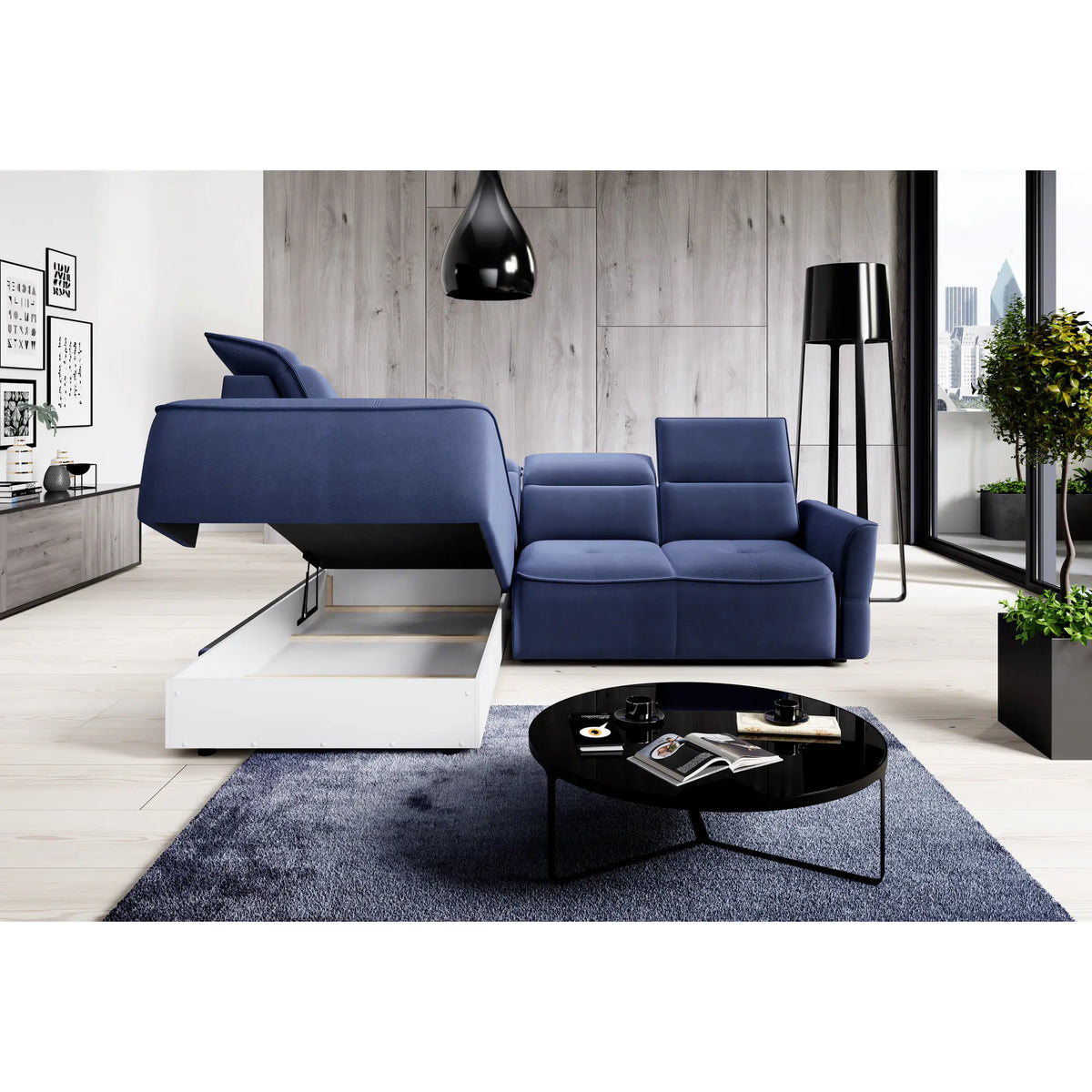 Coltar MURILLO L, sezlong stanga, stofa catifelata gri antracit - Whisper 18, Gama Premium, cu reglaj electric, tetiere reglabile si lada depozitare, 261x218x100 cm