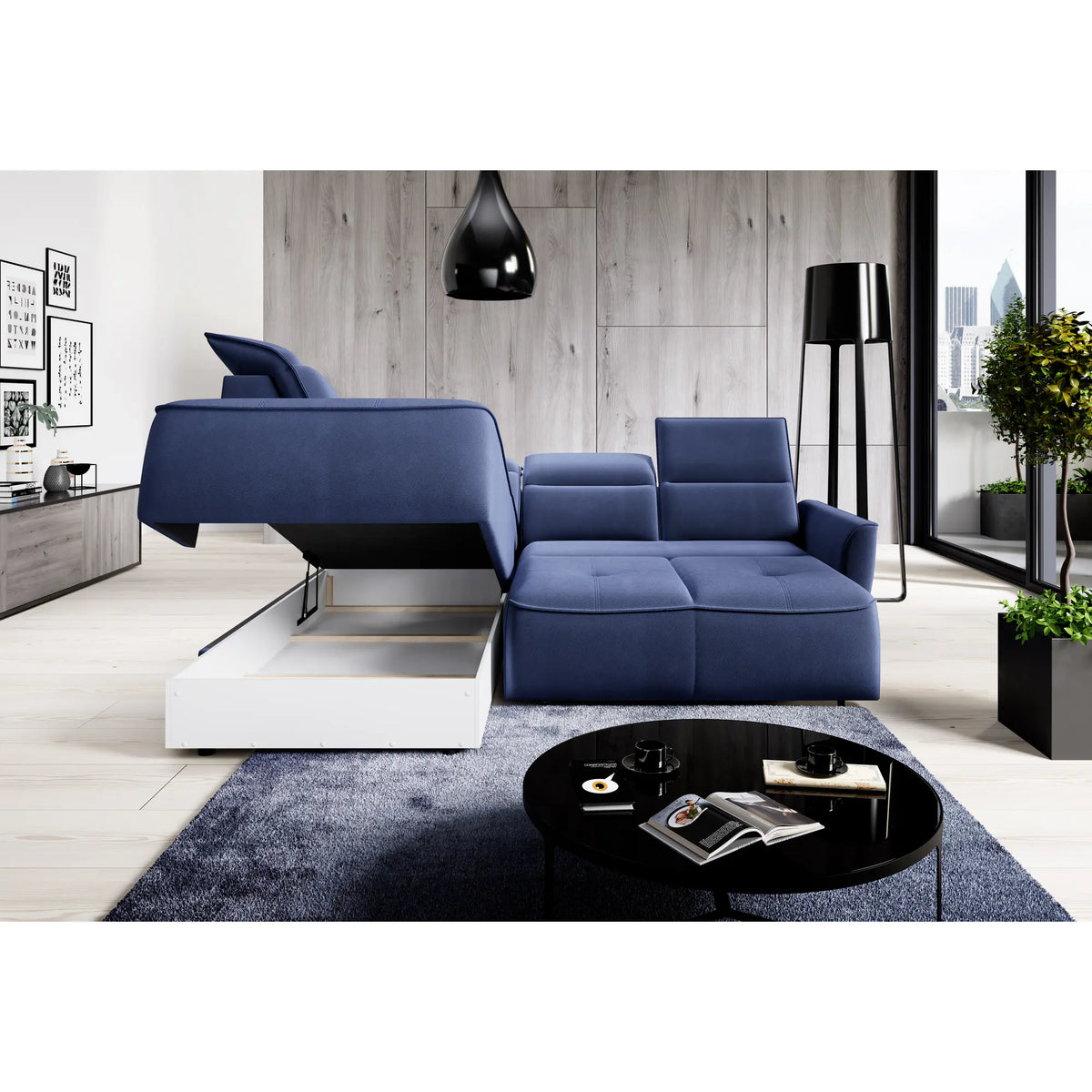 Coltar MURILLO L, sezlong stanga, stofa catifelata gri antracit - Whisper 18, Gama Premium, cu reglaj electric, tetiere reglabile si lada depozitare, 261x218x100 cm