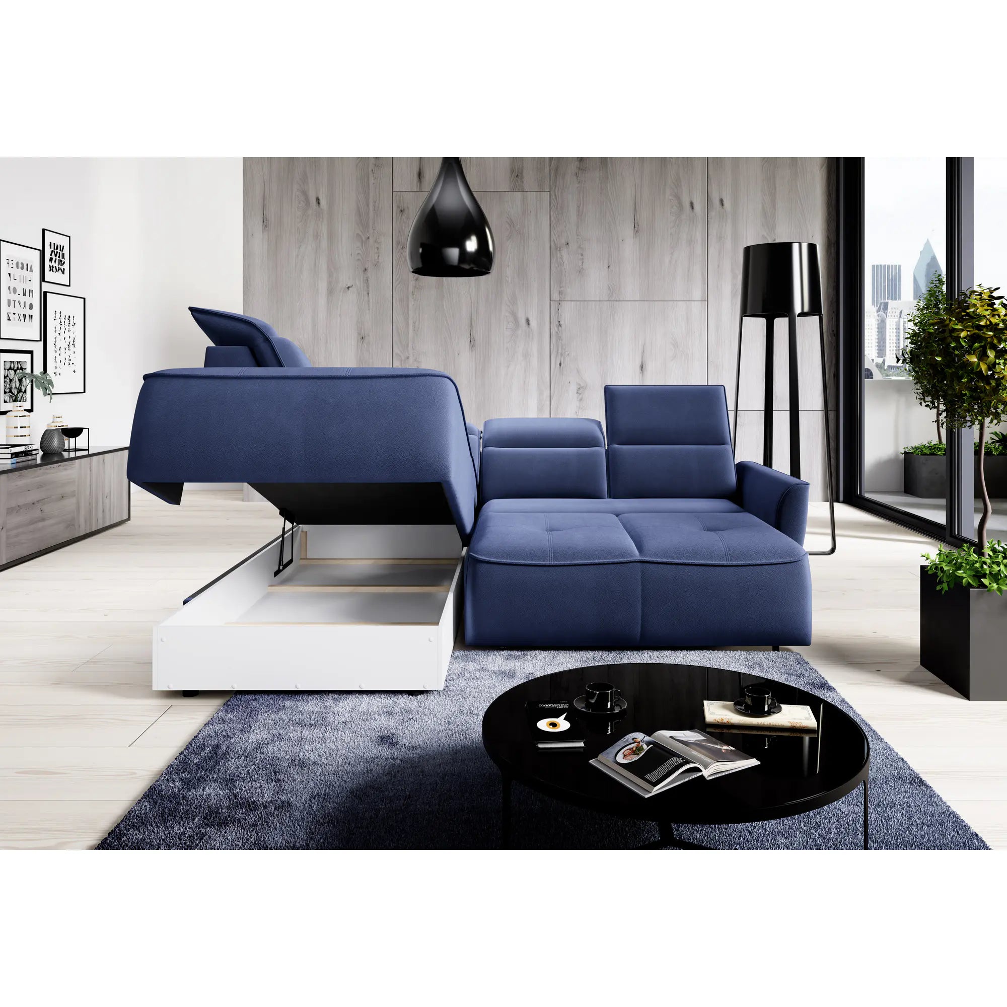 Coltar MURILLO L, sezlong stanga, stofa catifelata gri antracit - Whisper 18, Gama Premium, cu reglaj electric, tetiere reglabile si lada depozitare, 261x218x100 cm