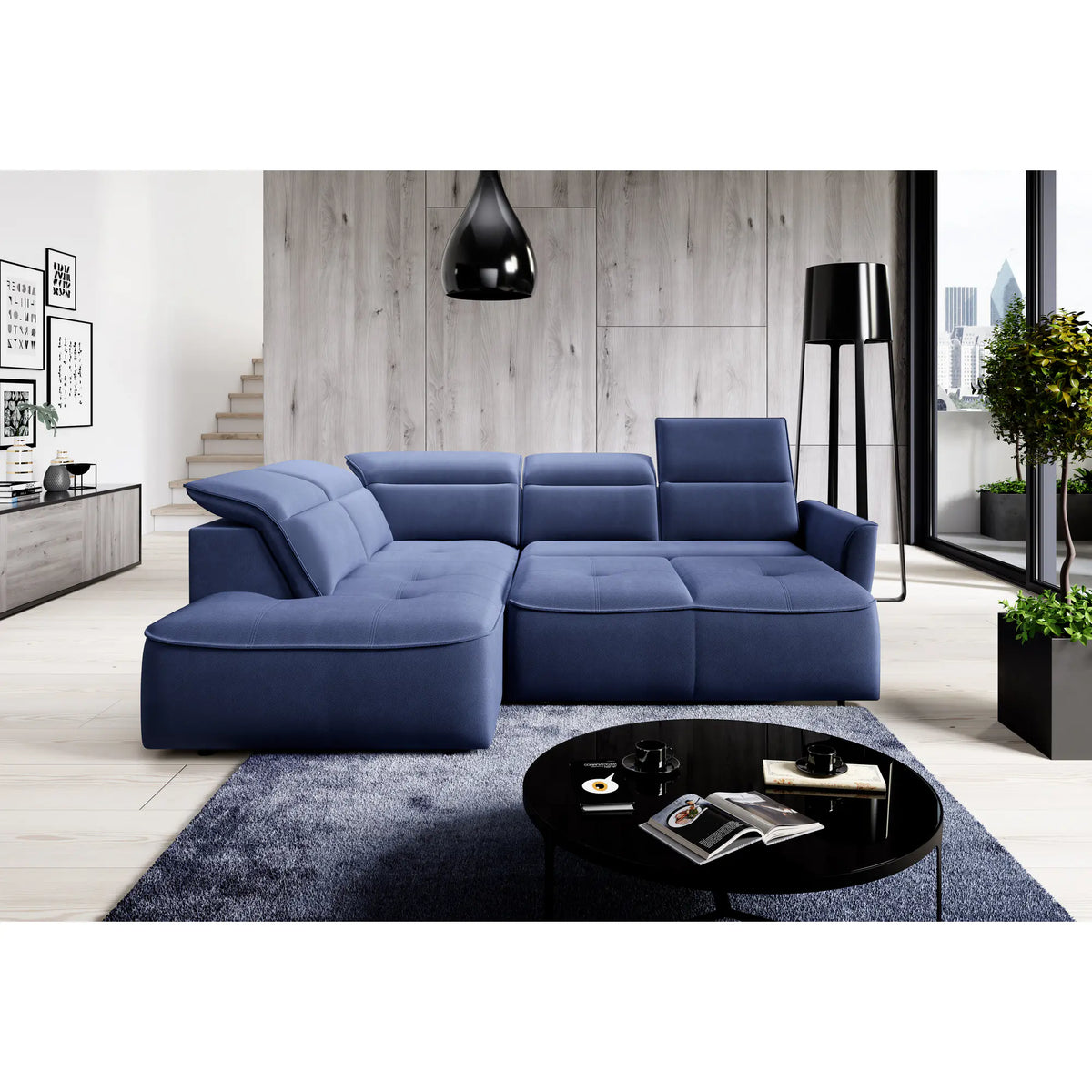 Coltar MURILLO L, sezlong stanga, stofa catifelata gri antracit - Whisper 18, Gama Premium, cu reglaj electric, tetiere reglabile si lada depozitare, 261x218x100 cm