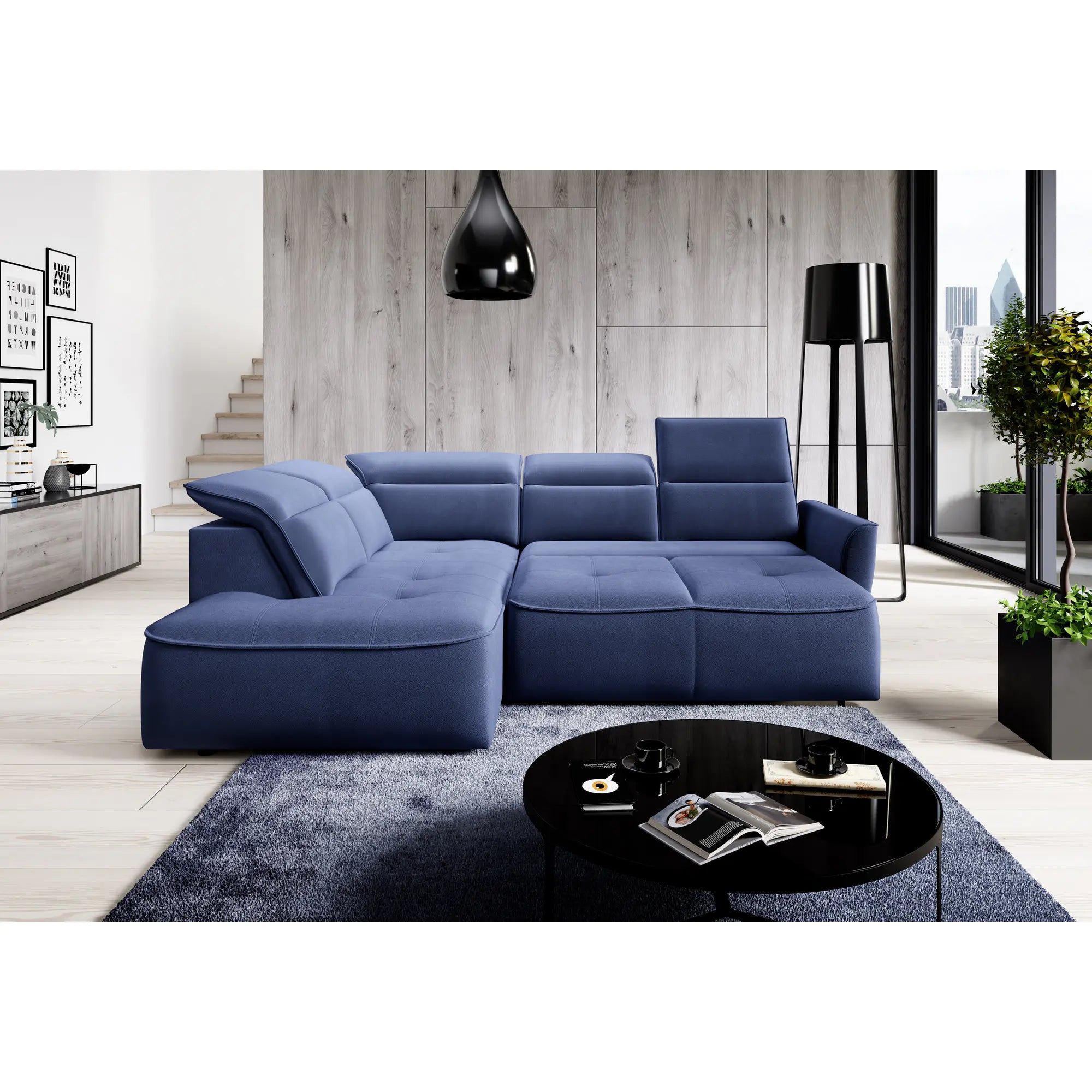 Coltar MURILLO L, sezlong stanga, stofa catifelata gri antracit - Whisper 18, Gama Premium, cu reglaj electric, tetiere reglabile si lada depozitare, 261x218x100 cm