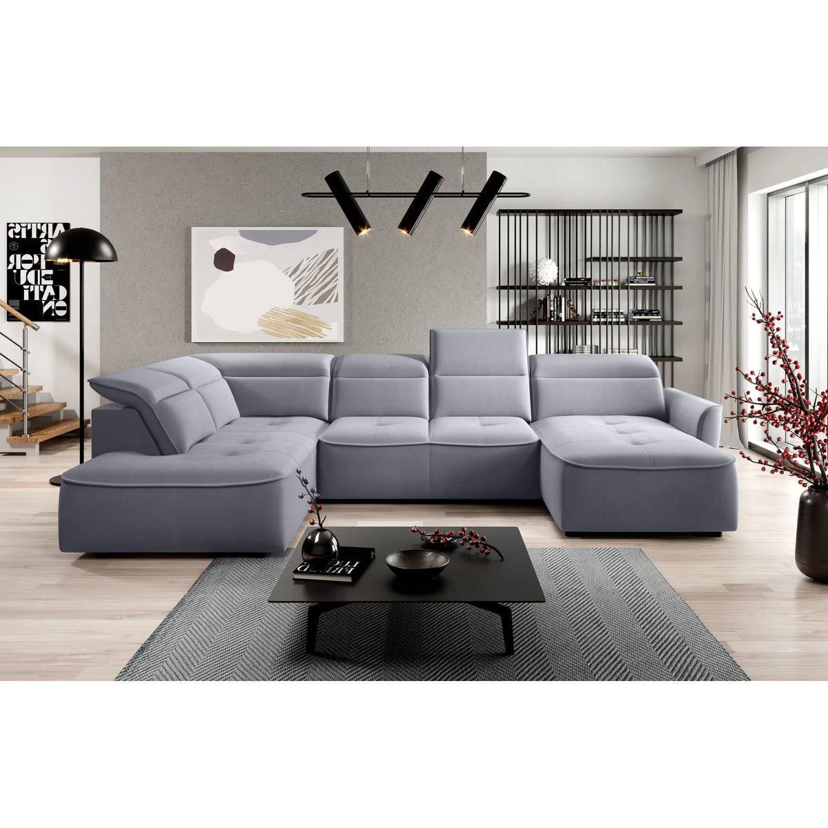 Coltar MURILLO XL, personalizabil materiale gama Oferta Avantaj, cu reglaj electric, tetiere reglabile si lada depozitare, 350x218x100 cm