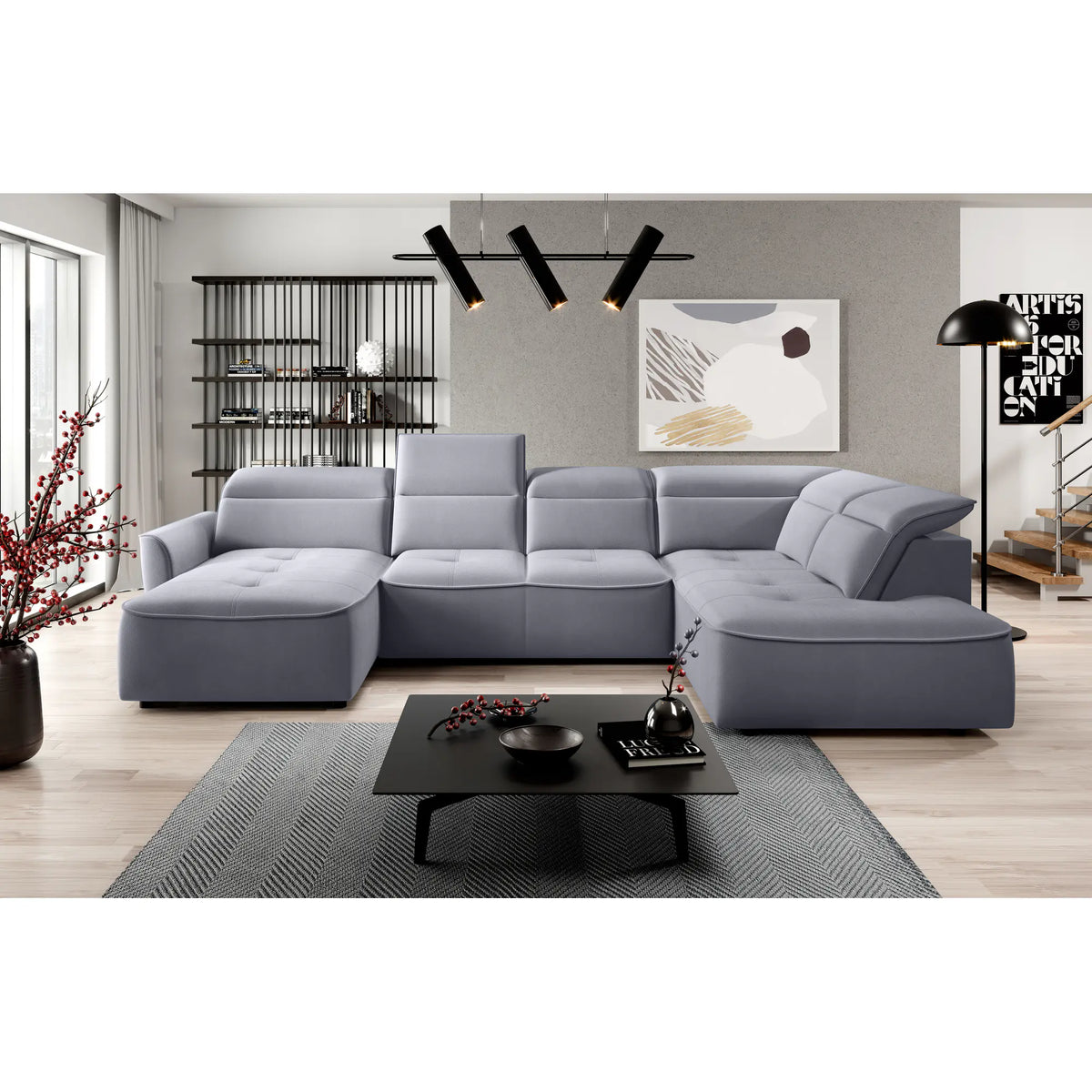 Coltar MURILLO XL, personalizabil materiale gama Premium, cu reglaj electric, tetiere reglabile si lada depozitare, 350x218x100 cm