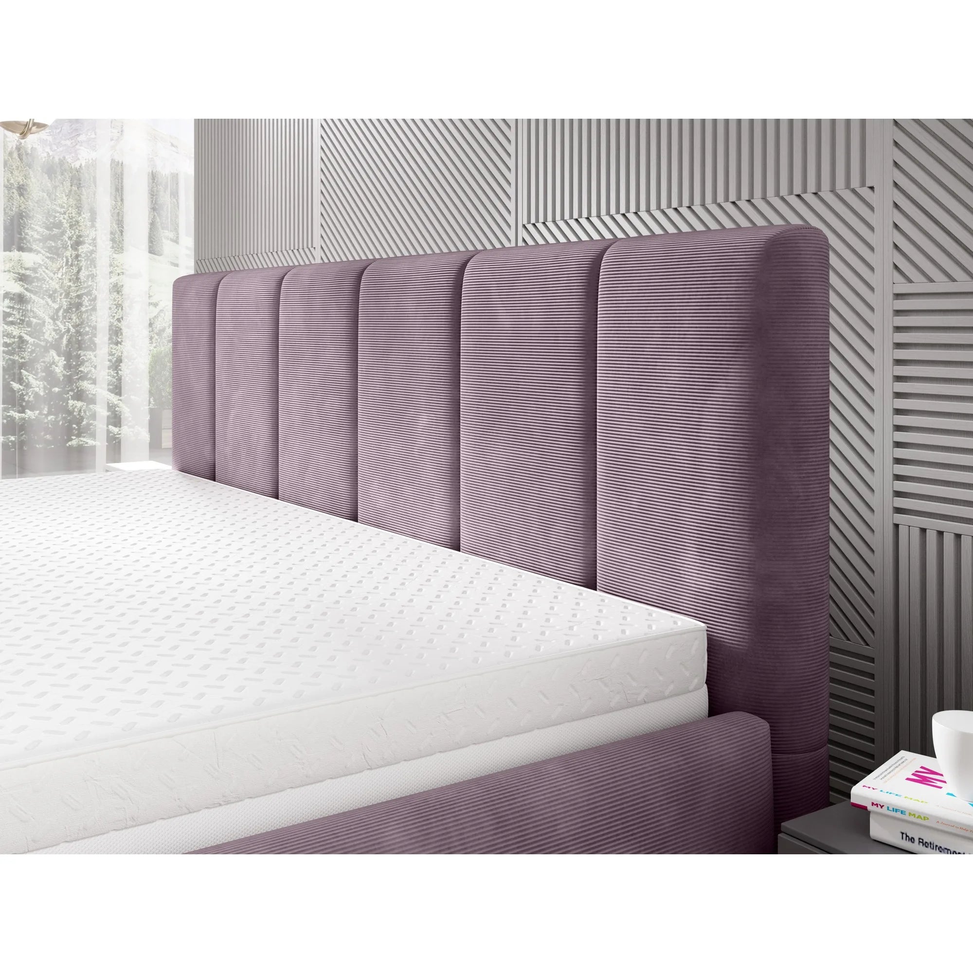 Pat RIVA SR 160x200, stofa catifelata violet - Whisper 14, Gama Premium, cu suport saltea si sistem de reglare