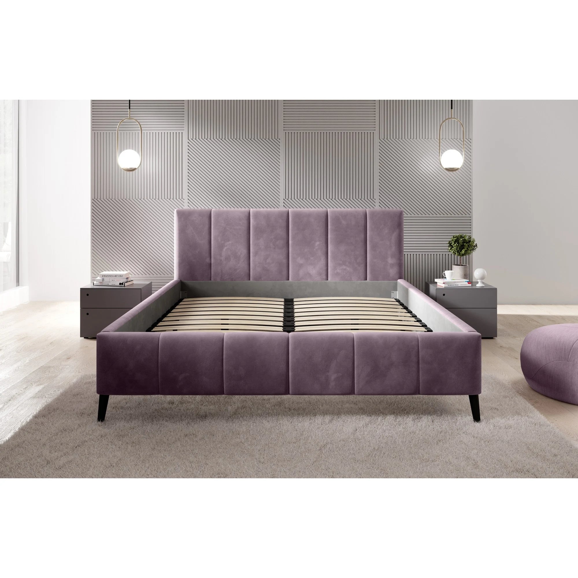 Pat RIVA SR 160x200, stofa catifelata violet - Whisper 14, Gama Premium, cu suport saltea si sistem de reglare