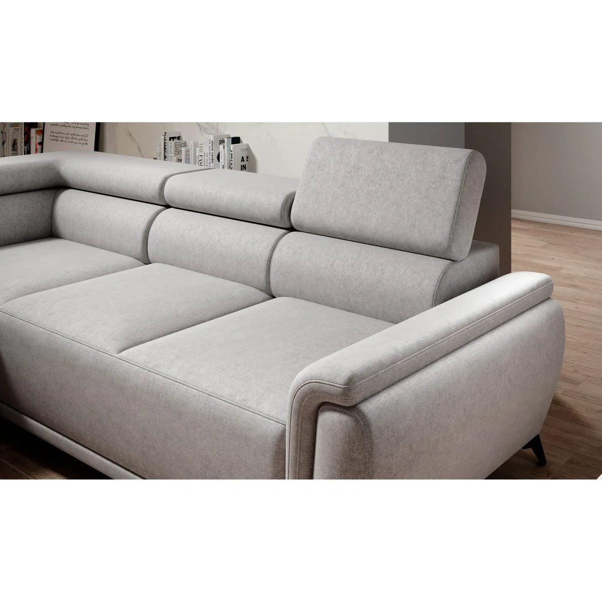 Coltar extensibil ATLANTA, sezlong stanga, stofa catifelata maro deschis - Palladium 4, Gama Premium, cu lada depozitare si tetiere reglabile, 281x203x98 cm