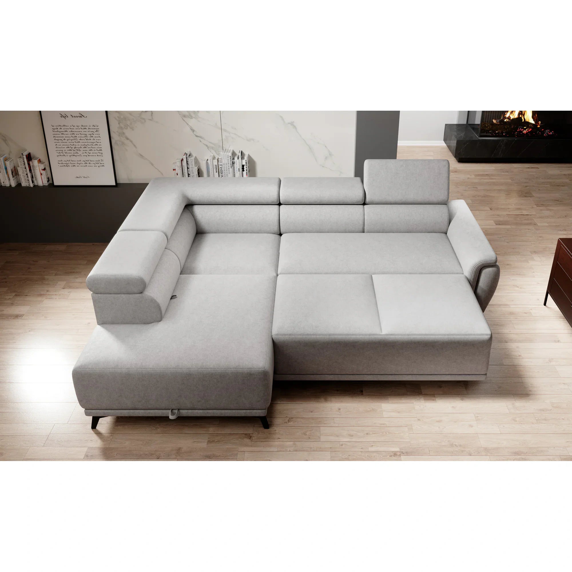 Coltar extensibil ATLANTA, sezlong stanga, stofa catifelata maro deschis - Palladium 4, Gama Premium, cu lada depozitare si tetiere reglabile, 281x203x98 cm