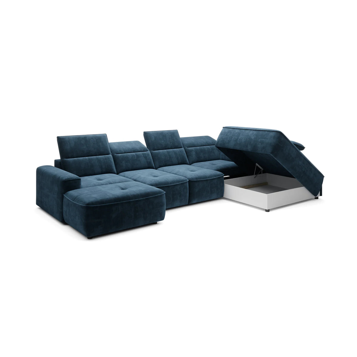 Coltar living in forma de U COLOMBO XL, sezlong dreapta, stofa catifelata gri - Salvador 14, Gama Premium, cu reglaj electric si lada depozitare, 376x227x103 cm