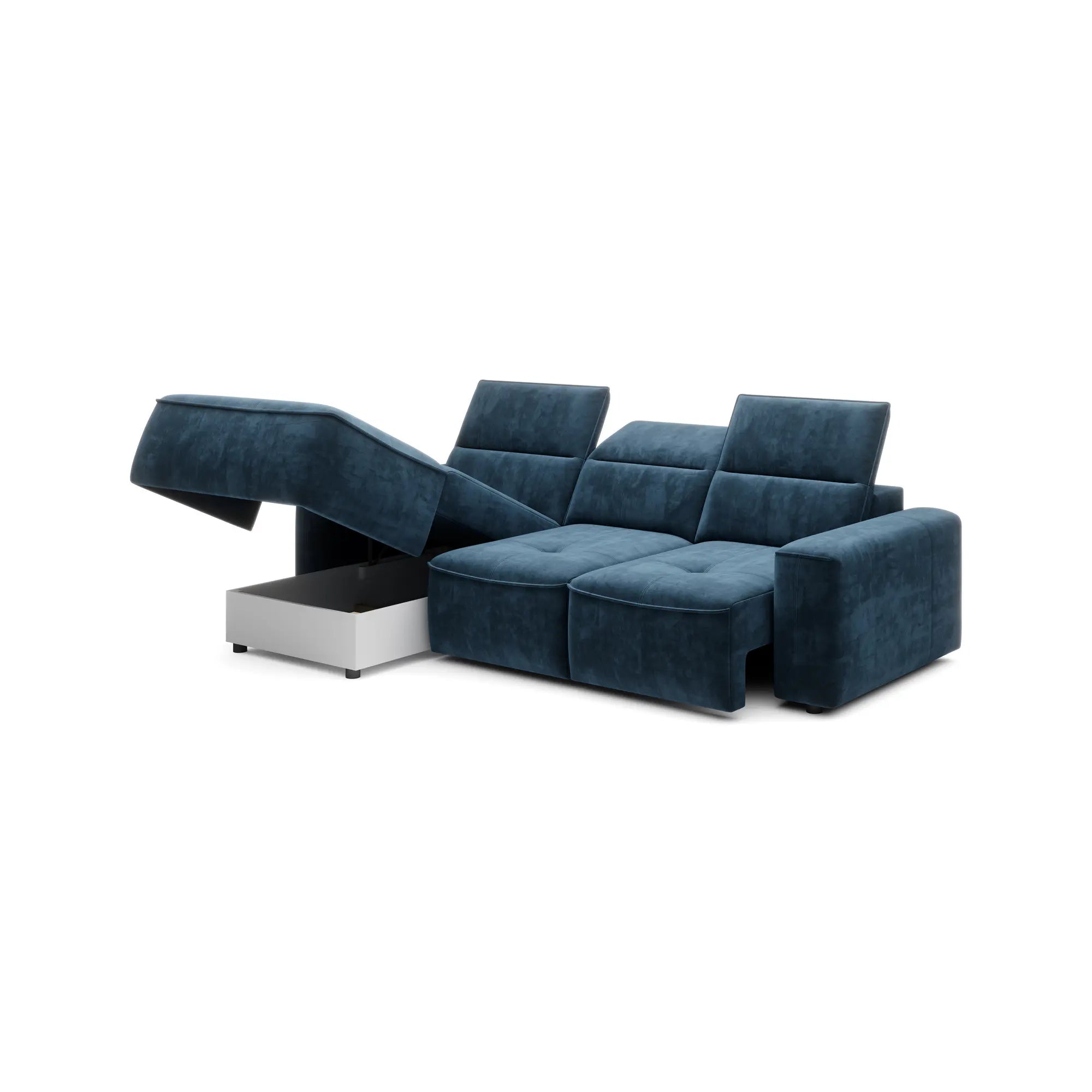 Coltar COLOMBO MINI, sezlong stanga, stofa catifelata bej - Whisper 03, Gama Premium, cu reglaj electric, tetiere reglabile si lada depozitare, 275x182x103 cm