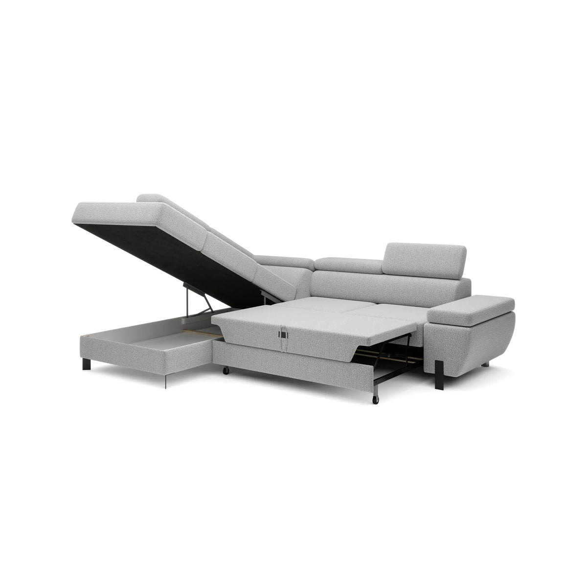 Coltar extensibil MOLINA L, personalizabil materiale gama Oferta Avantaj, cu lada depozitare si tetiere reglabile, 263x210x90 cm