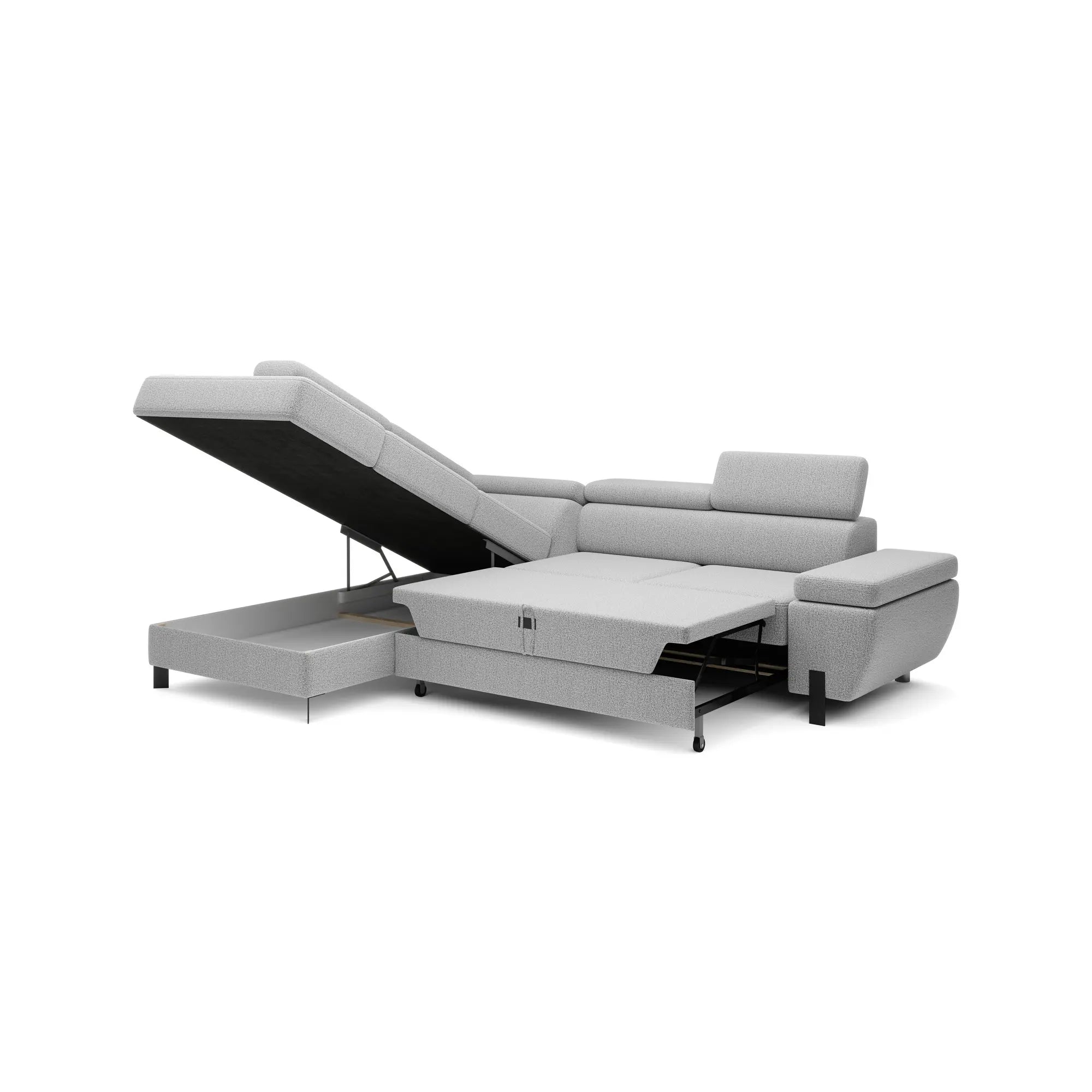 Coltar extensibil MOLINA L, personalizabil materiale gama Premium, cu lada depozitare si tetiere reglabile, 263x210x90 cm