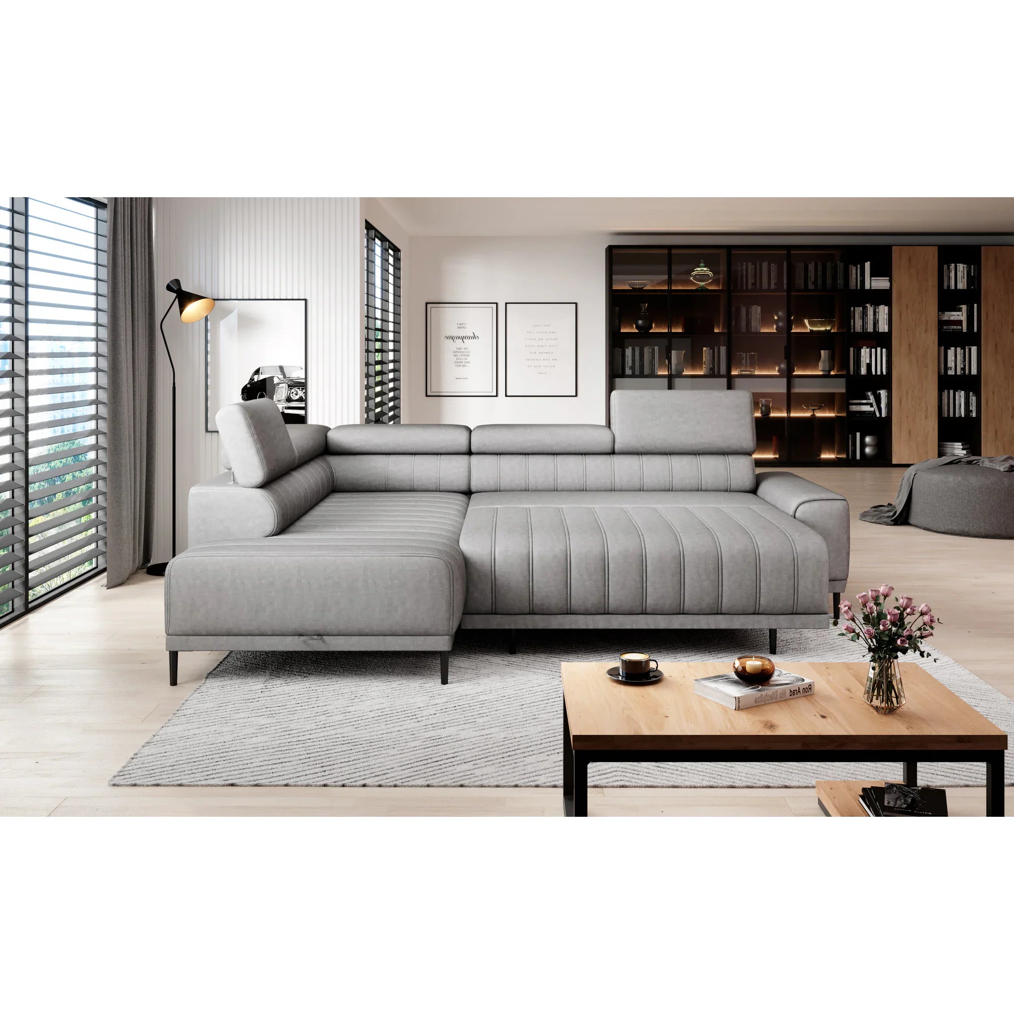 Coltar extensibil CALDO L, sezlong stanga, stofa catifelata crem - Salvador 01, Gama Premium, cu lada depozitare si tetiere reglabile, 268x200x99 cm
