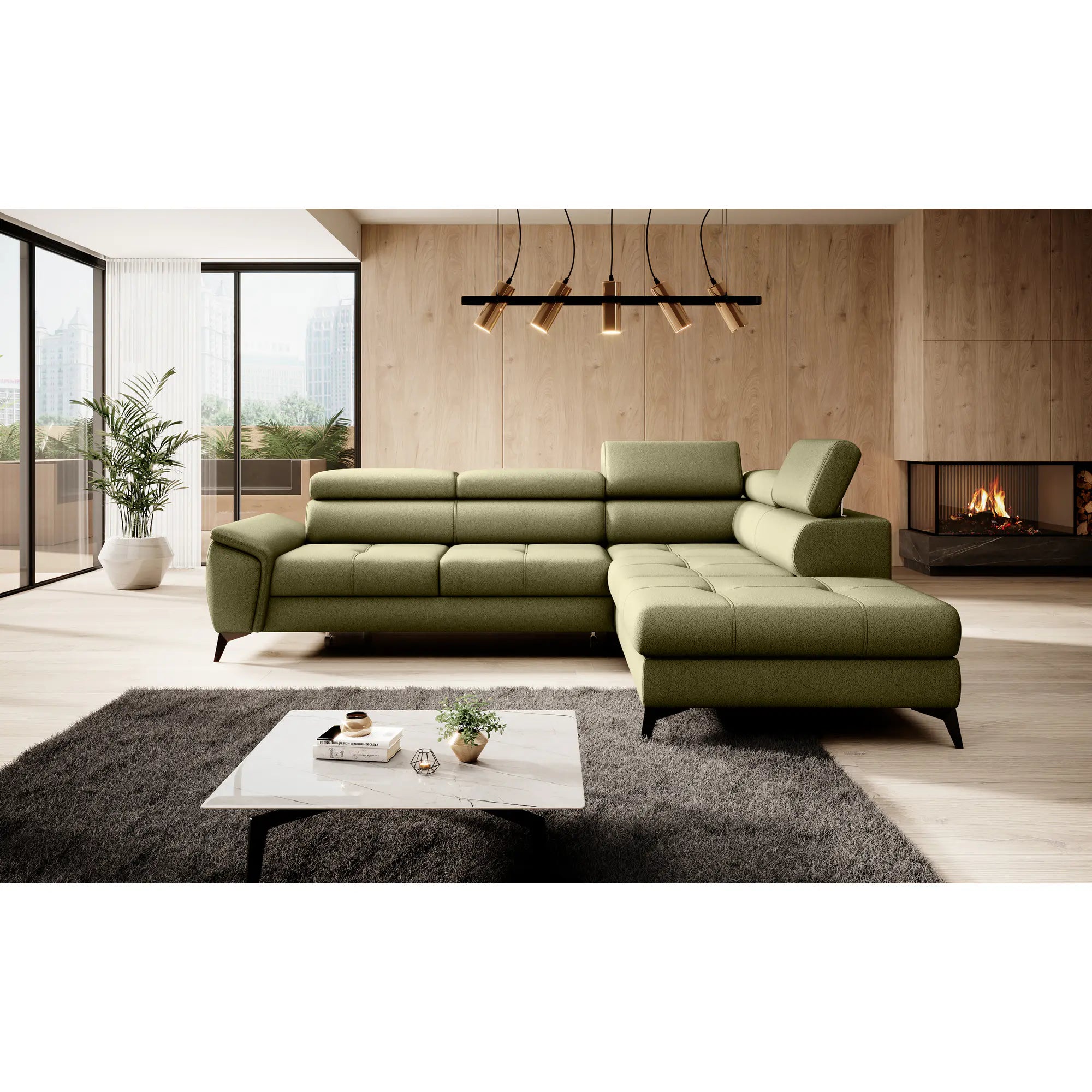 Coltar extensibil MOCCA, personalizabil materiale gama Premium, cu lada depozitare si tetiere reglabile, 265x222x95 cm