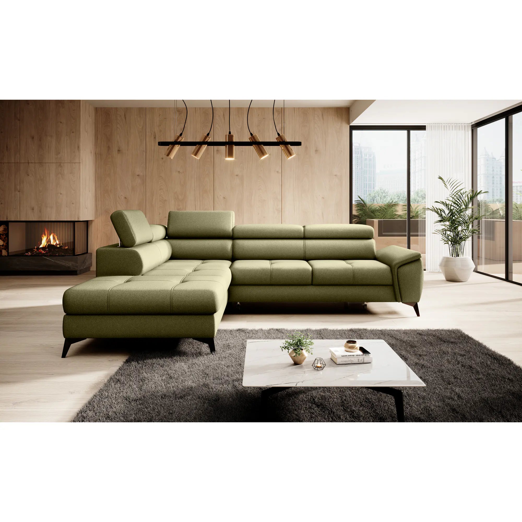 Coltar extensibil MOCCA, personalizabil materiale gama Premium, cu lada depozitare si tetiere reglabile, 265x222x95 cm