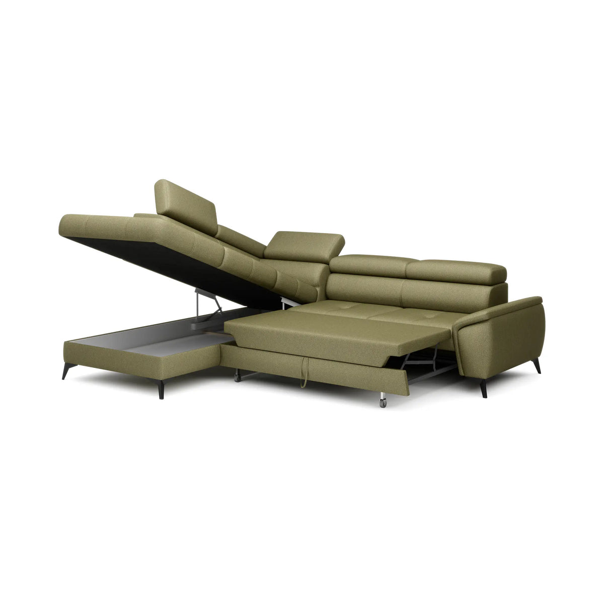 Coltar extensibil MOCCA, personalizabil materiale gama Oferta Avantaj, cu lada depozitare si tetiere reglabile, 265x222x95 cm