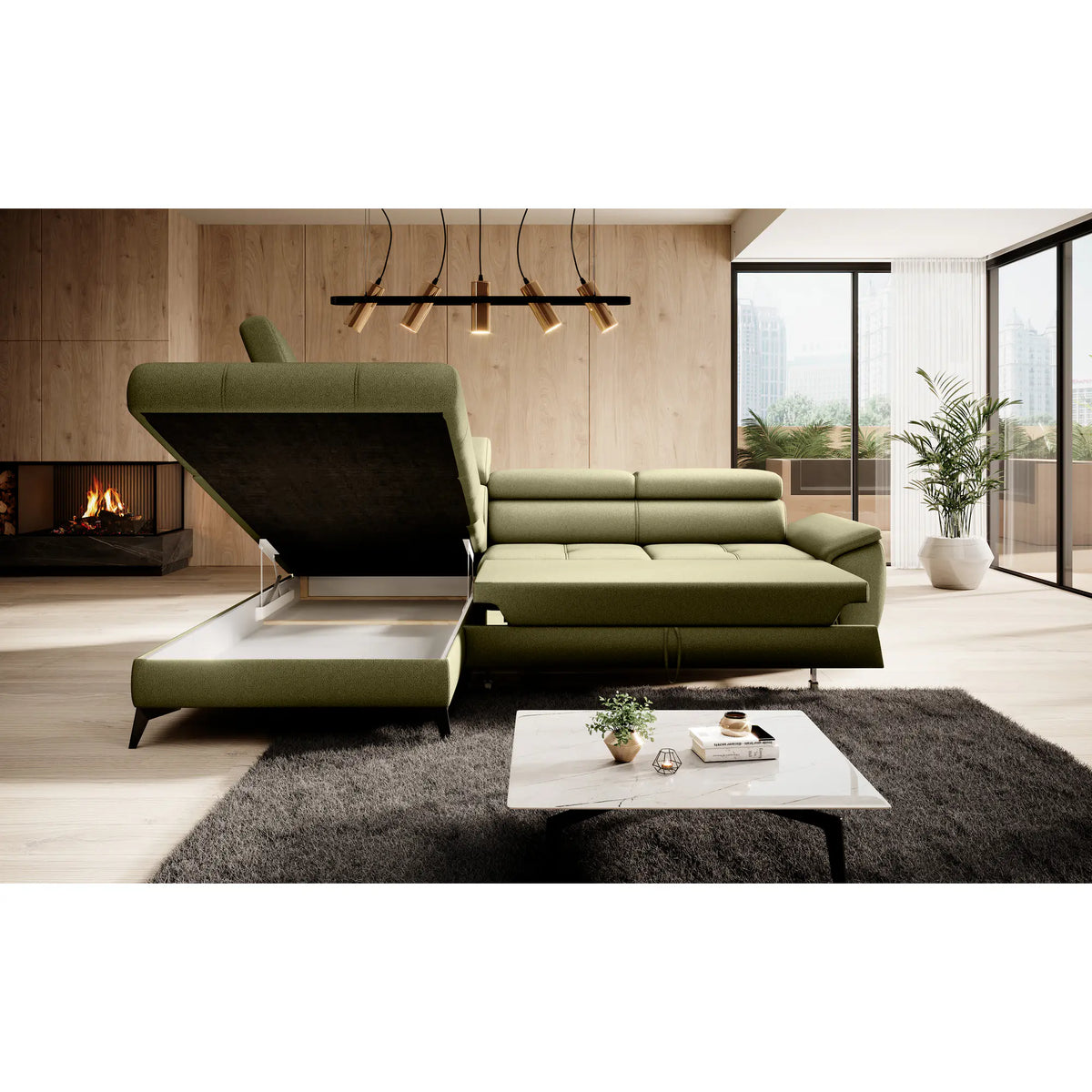 Coltar extensibil MOCCA, personalizabil materiale gama Premium, cu lada depozitare si tetiere reglabile, 265x222x95 cm