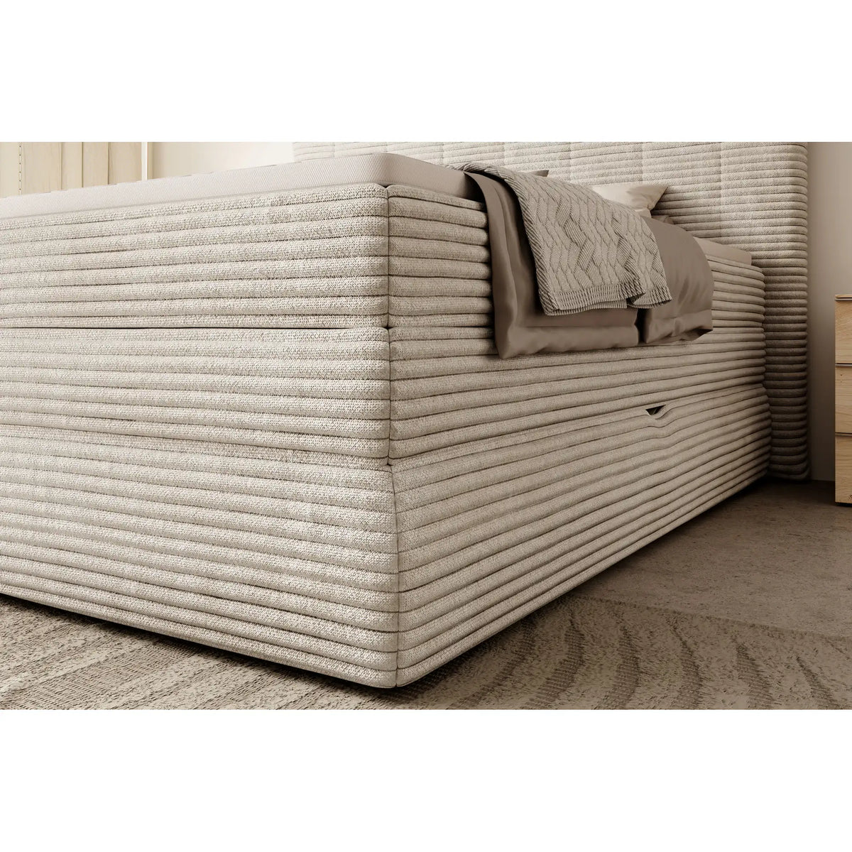 Pat boxspring AMBER 140x200, personalizabil materiale gama Oferta Avantaj, cu spatiu depozitare, saltele si topper