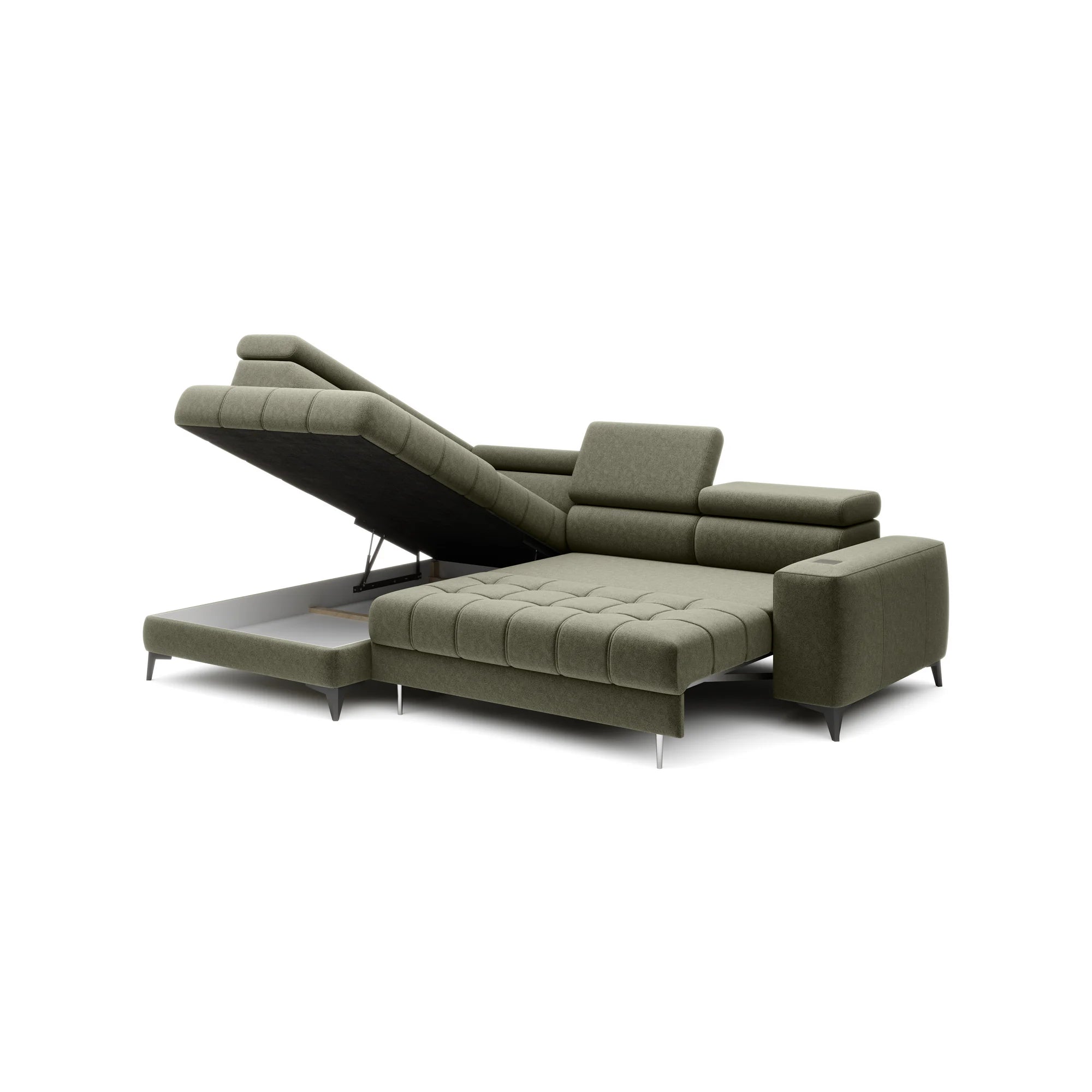 Coltar extensibil ASTOLA, personalizabil materiale Gama Premium, cu lada depozitare si tetiere reglabile, 280x193x99 cm
