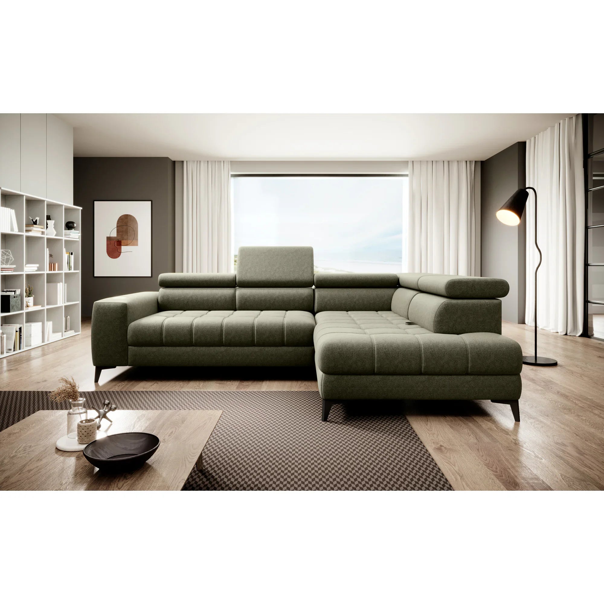 Coltar extensibil ASTOLA, personalizabil materiale Gama Premium, cu lada depozitare si tetiere reglabile, 280x193x99 cm