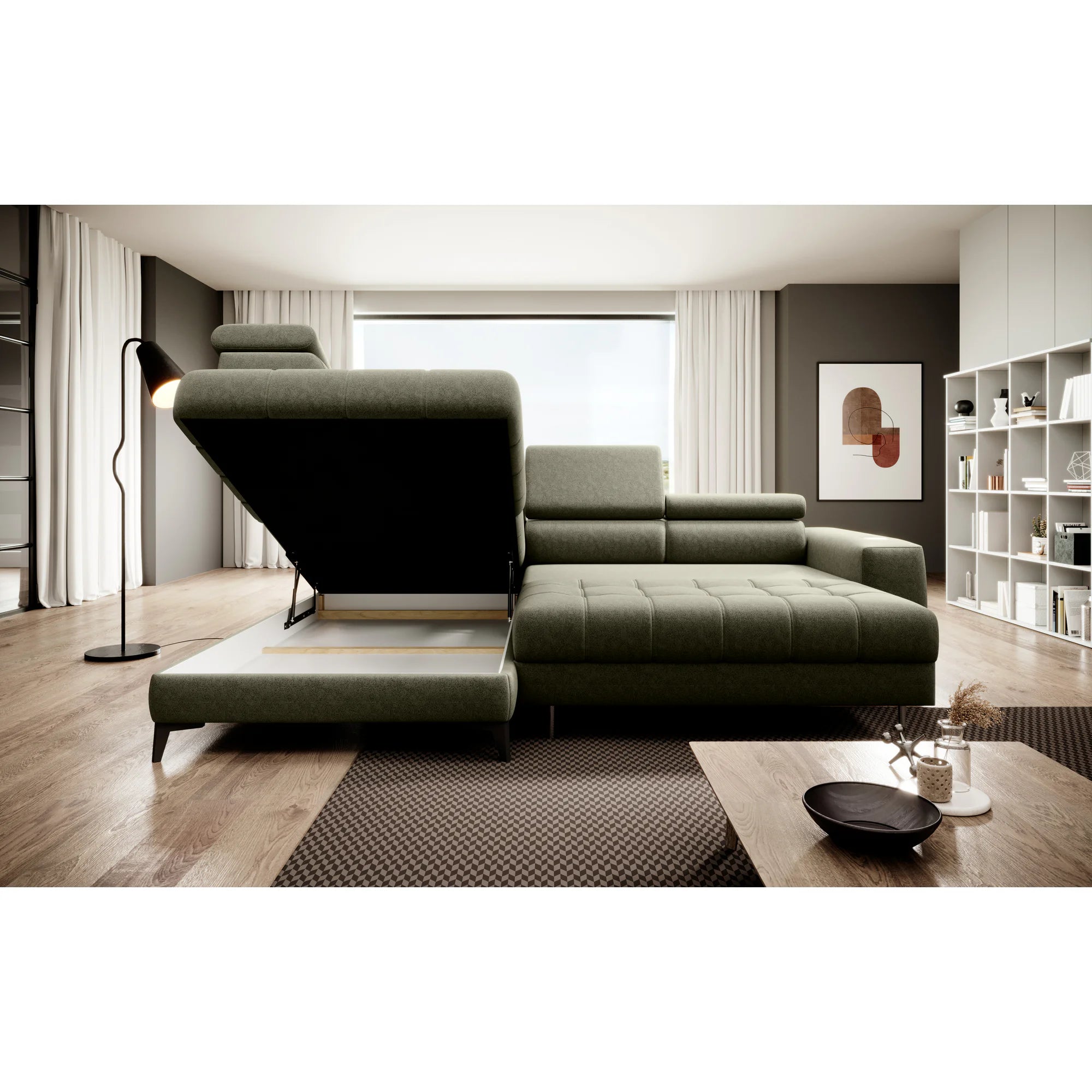 Coltar extensibil ASTOLA, personalizabil materiale gama Oferta Avantaj, cu lada depozitare si tetiere reglabile, 280x193x99 cm