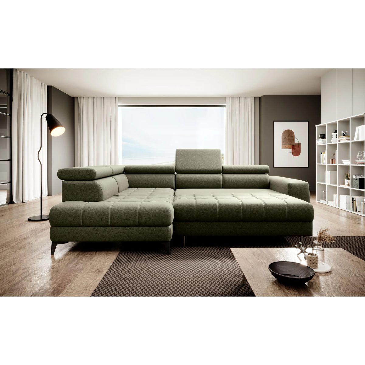 Coltar extensibil ASTOLA, personalizabil materiale gama Oferta Avantaj, cu lada depozitare si tetiere reglabile, 280x193x99 cm