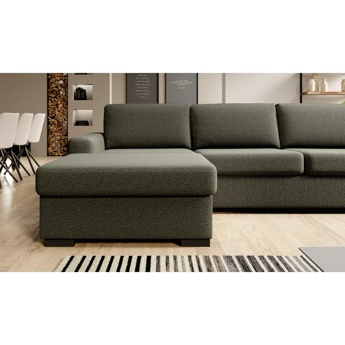 Coltar extensibil 160x200 VANILLA CORNER, sezlong stanga, stofa catifelata gri - Salvador 14, gama Premium, cu lada depozitare, 303x173x87 cm