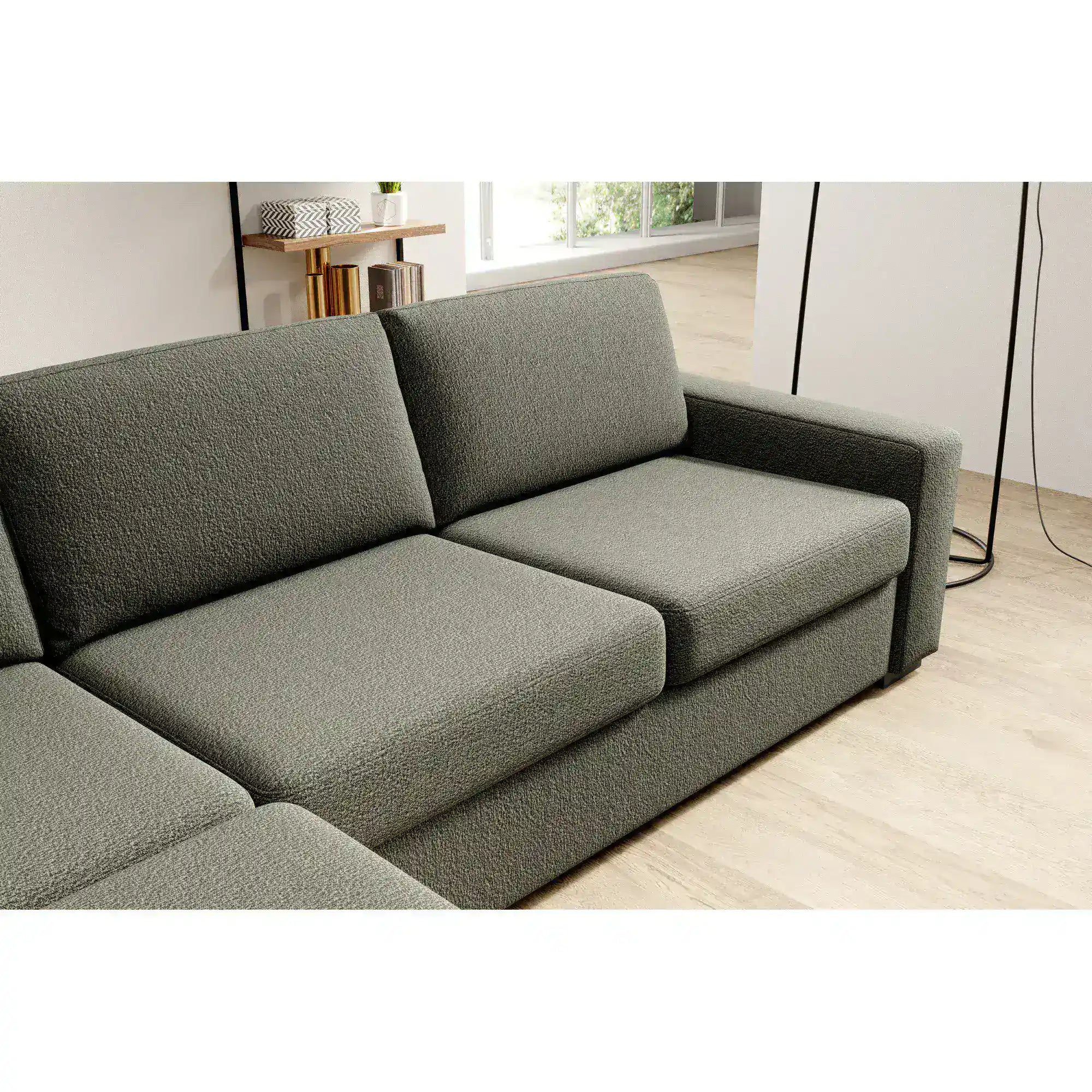 Coltar extensibil 160x200 VANILLA CORNER, sezlong stanga, stofa catifelata gri - Salvador 14, gama Premium, cu lada depozitare, 303x173x87 cm