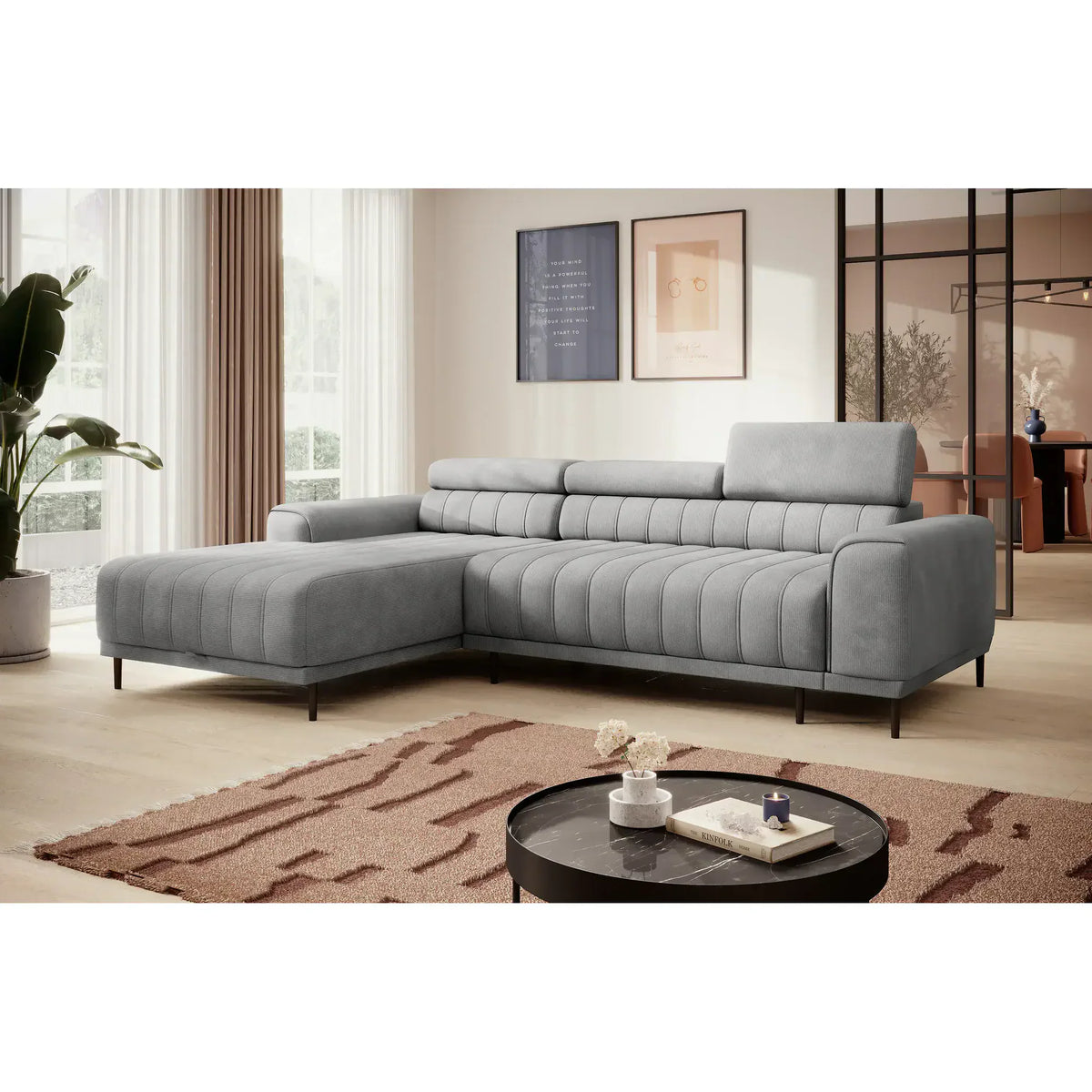 Coltar extensibil CALDO MINI, sezlong stanga, stofa catifelata bej - Whisper 03, Gama Premium, cu lada depozitare si tetiere reglabile, 272x178x99 cm