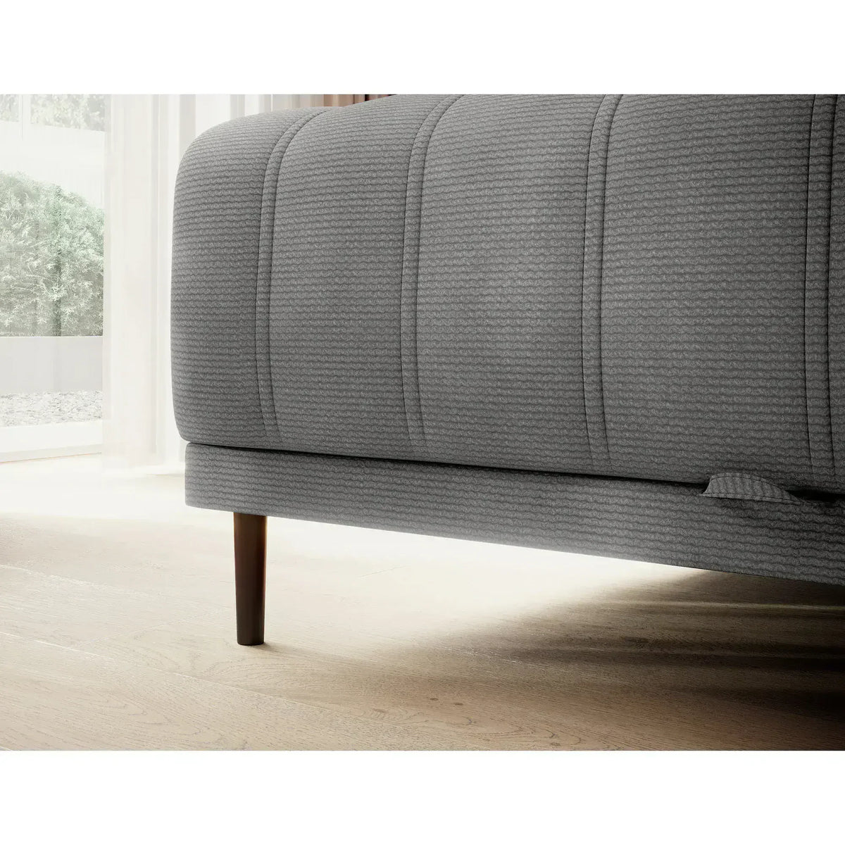 Coltar extensibil CALDO MINI, sezlong stanga, stofa catifelata bej - Whisper 03, Gama Premium, cu lada depozitare si tetiere reglabile, 272x178x99 cm