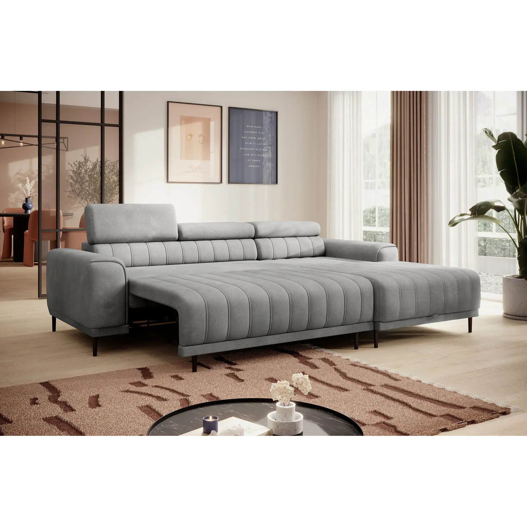 Coltar extensibil CALDO MINI, sezlong dreapta, stofa catifelata bej - Whisper 03, Gama Premium, cu lada depozitare si tetiere reglabile, 272x178x99 cm
