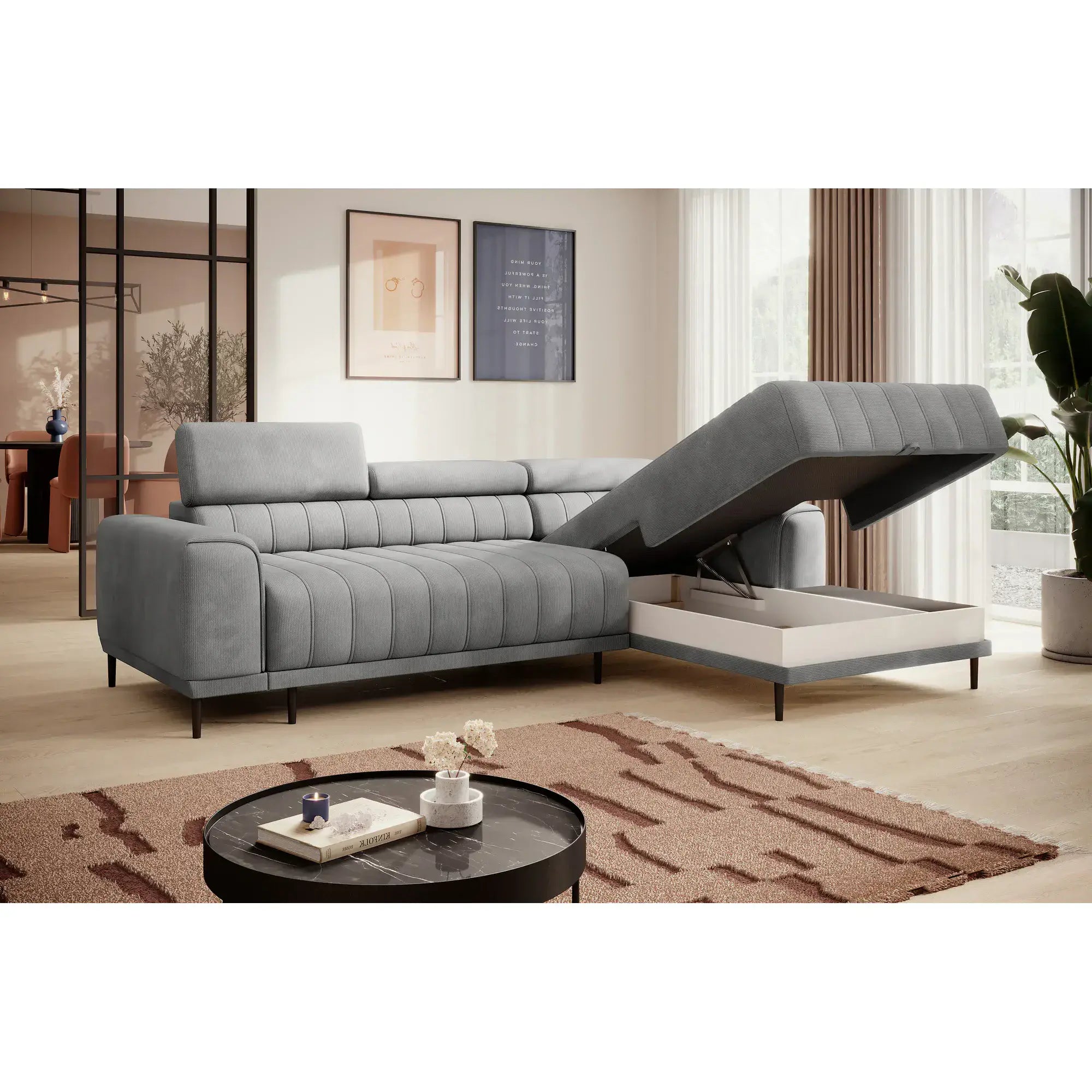 Coltar extensibil CALDO MINI, sezlong dreapta, stofa catifelata bej - Whisper 03, Gama Premium, cu lada depozitare si tetiere reglabile, 272x178x99 cm