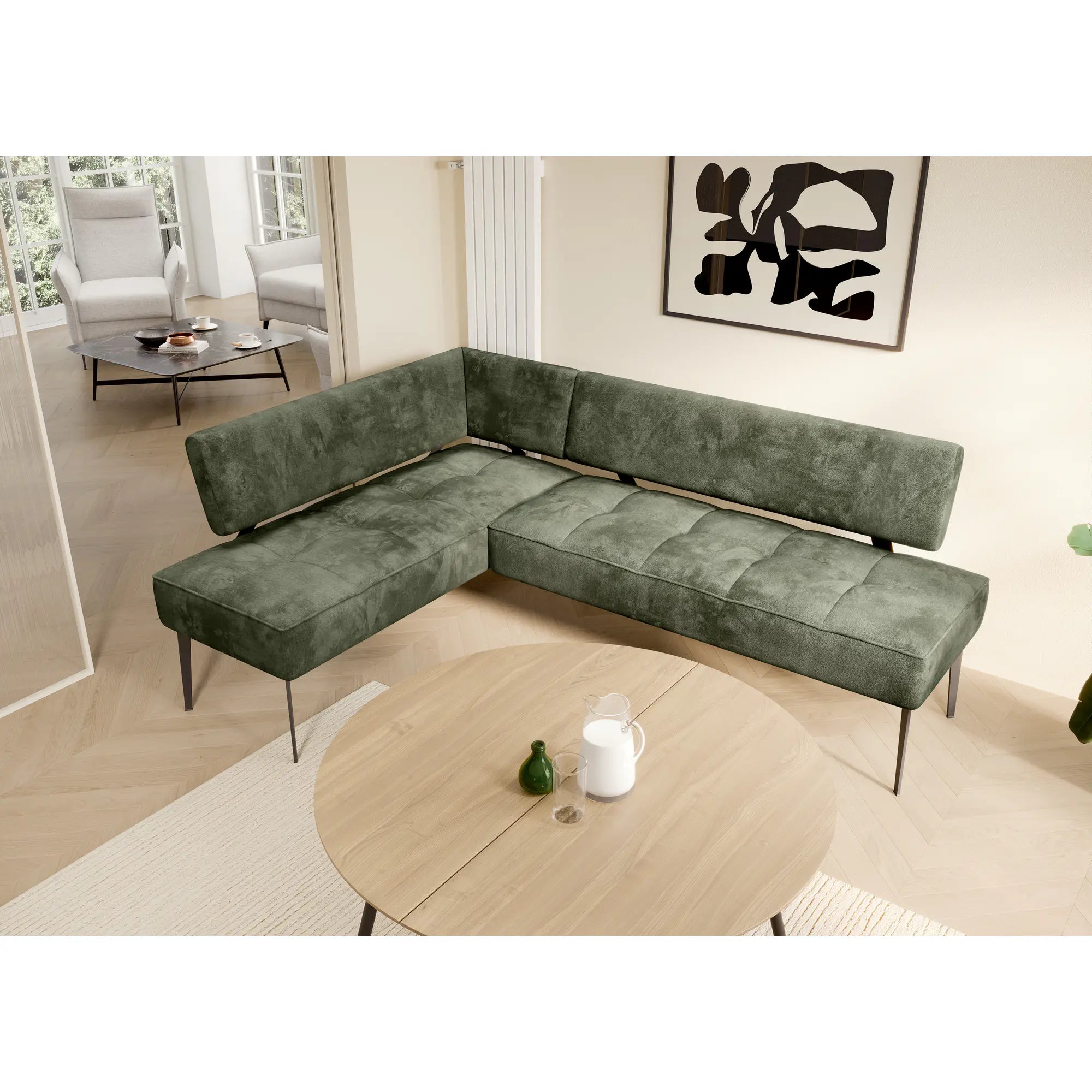 Coltar bucatarie BANCO, sezlong stanga, stofa catifelata verde inchis - Whisper 11, Gama Premium, 213x164x89 cm