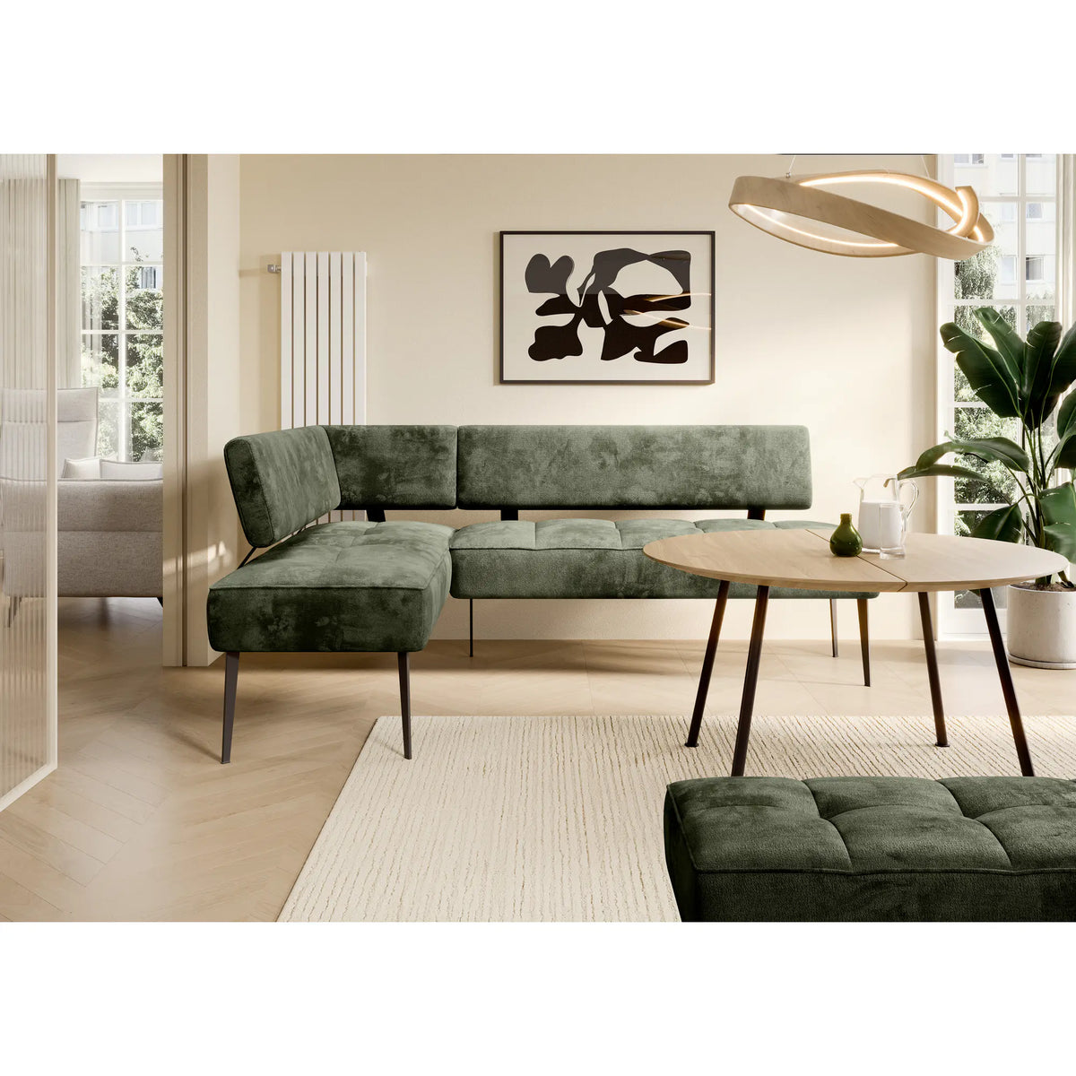 Coltar bucatarie BANCO, sezlong stanga, stofa catifelata verde inchis - Whisper 11, Gama Premium, 213x164x89 cm