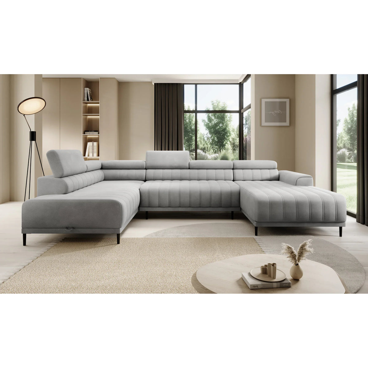 Coltar extensibil CALDO XL, personalizabil materiale Gama Premium, cu lada depozitare si tetiere reglabile, 342x200x99 cm