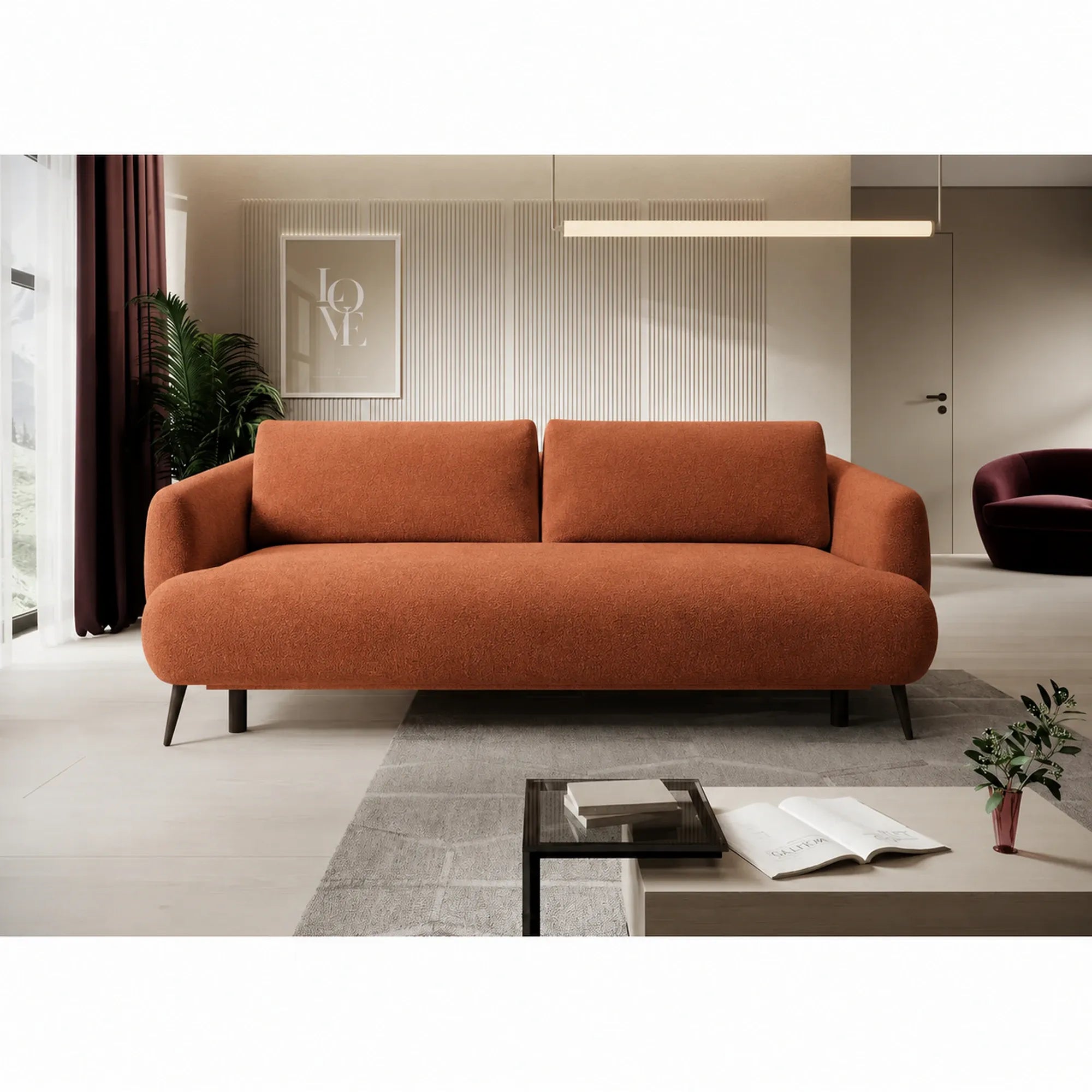 Canapea extensibila CANDY, stofa catifelata caramiziu - Salvador 07, lada depozitare, 228x98x87 cm