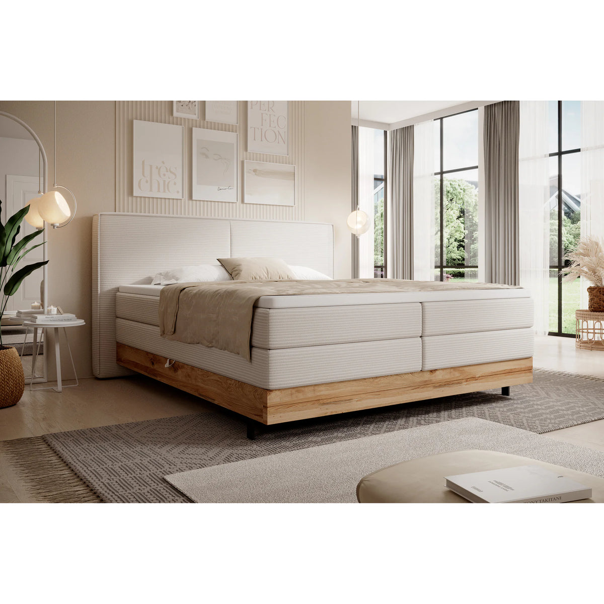 Pat boxspring NEBIA 180x200, personalizabil materiale Gama Premium, cu saltele, topper si lada pentru depozitare