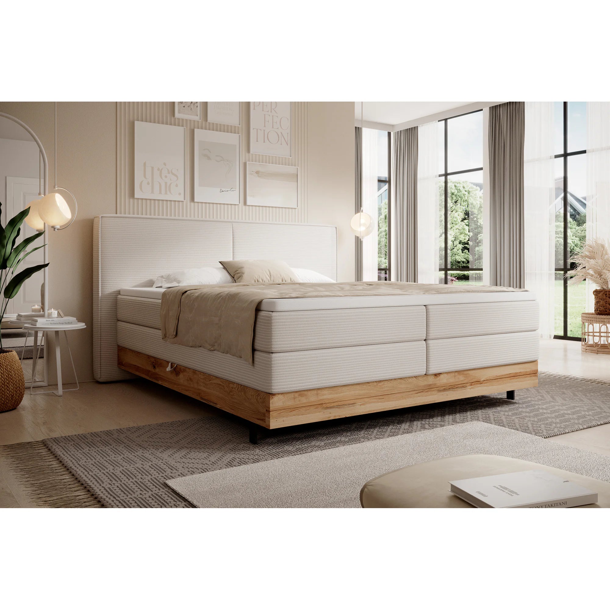 Pat boxspring NEBIA 140x200, personalizabil materiale Gama Premium, cu saltele, topper si lada pentru depozitare