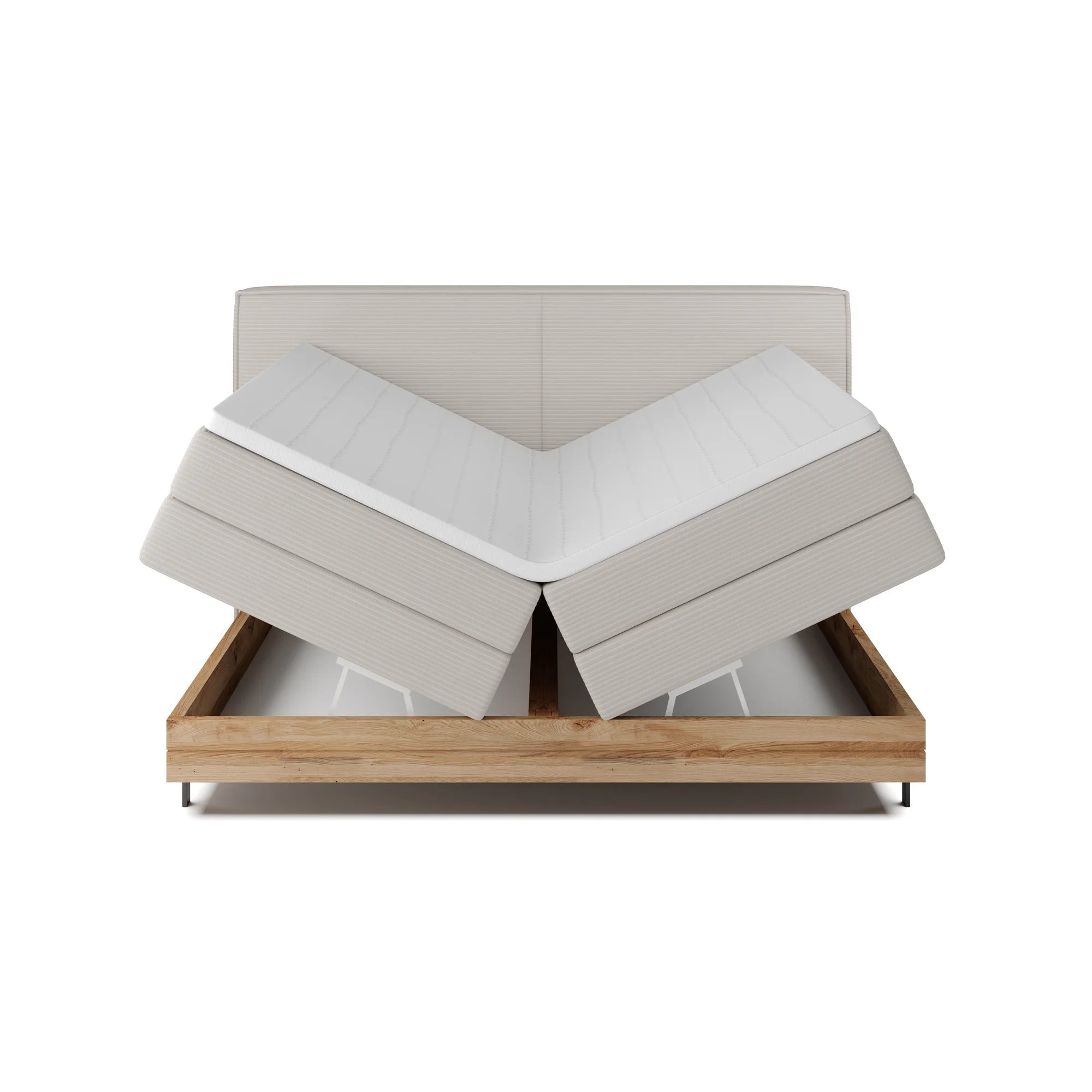 Pat boxspring NEBIA 160x200, personalizabil materiale gama Oferta Avantaj, cu saltele, topper si lada pentru depozitare