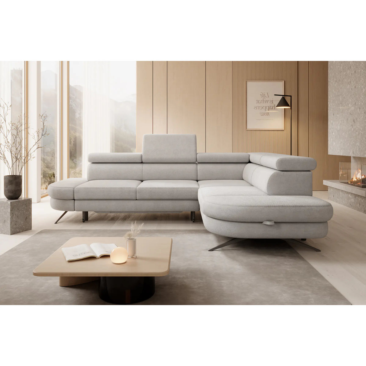 Coltar extensibil OTIS, personalizabil materiale Oferta Avantaj, cu lada depozitare si tetiere reglabile, 276x218x97 cm