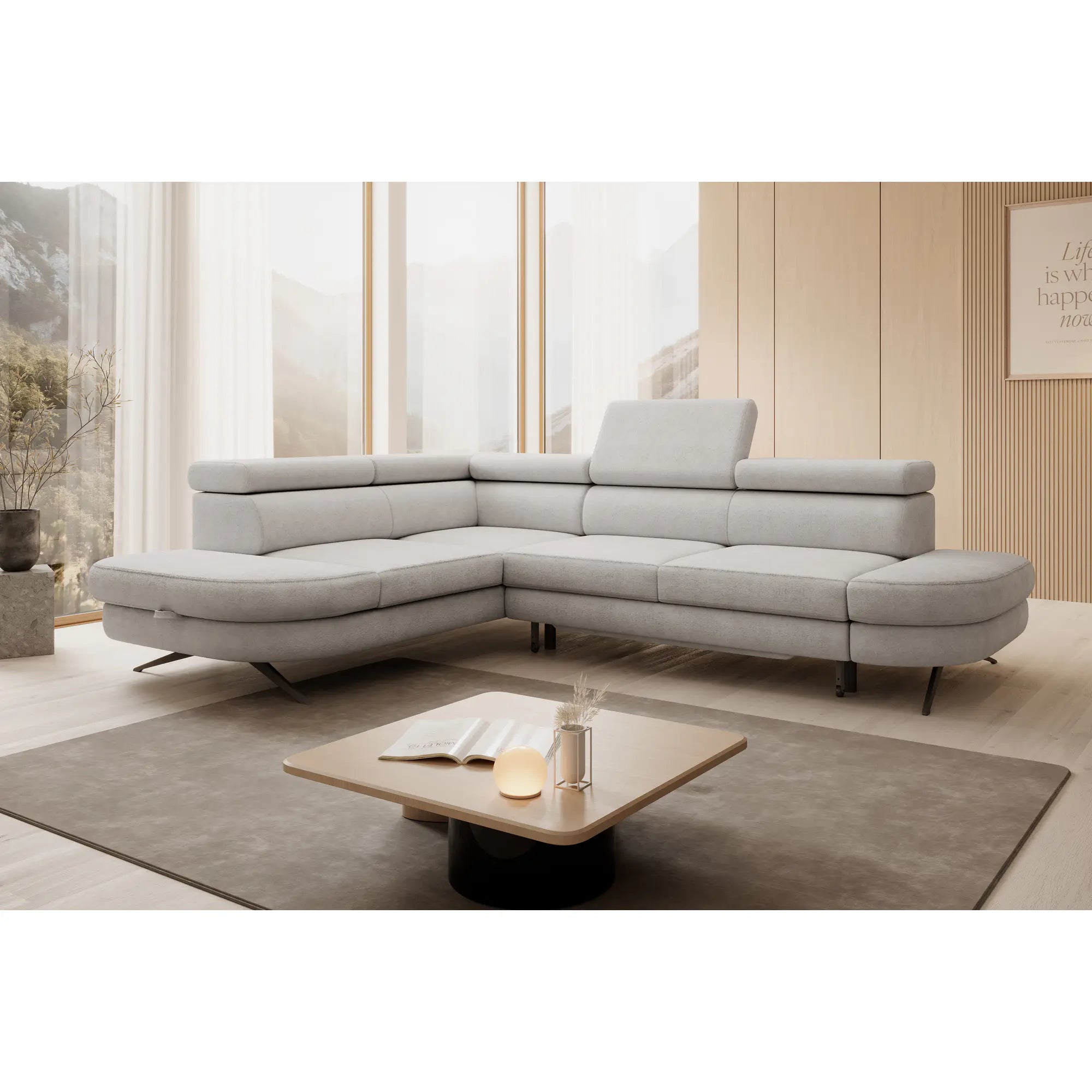 Coltar extensibil OTIS, personalizabil materiale Oferta Avantaj, cu lada depozitare si tetiere reglabile, 276x218x97 cm
