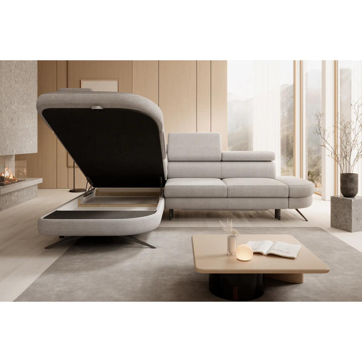 Coltar extensibil OTIS, personalizabil materiale Oferta Avantaj, cu lada depozitare si tetiere reglabile, 276x218x97 cm