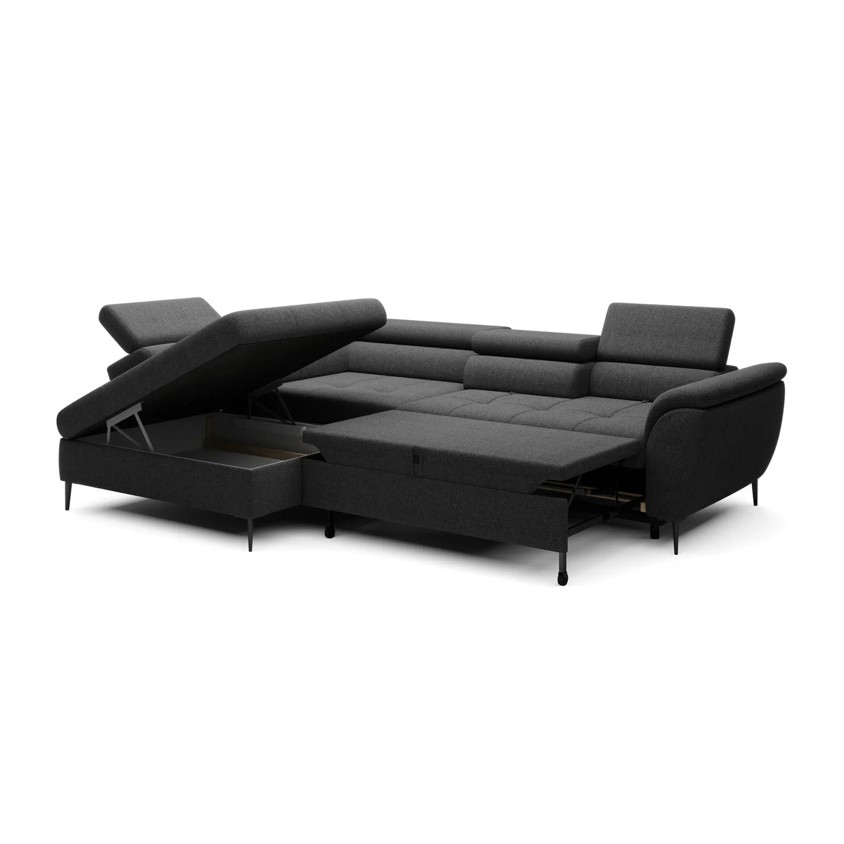 Coltar extensibil TEMPO NEW, personalizabil materiale gama Oferta Avantaj, cu lada depozitare si tetiere reglabile, 289x218x94 cm