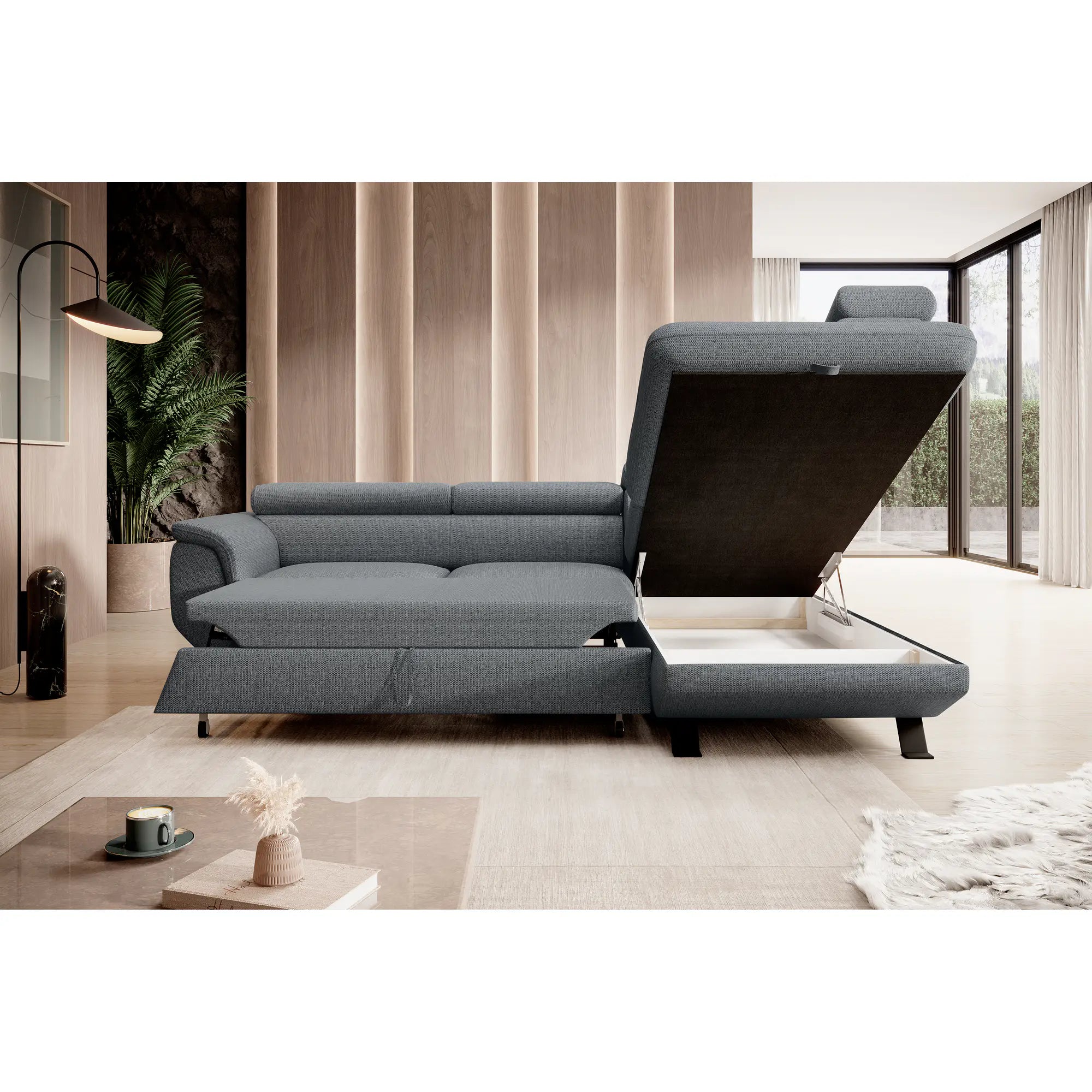Coltar extensibil RAVEN L, personalizabil materiale Gama Premium, cu lada depozitare, 257x198x92 cm