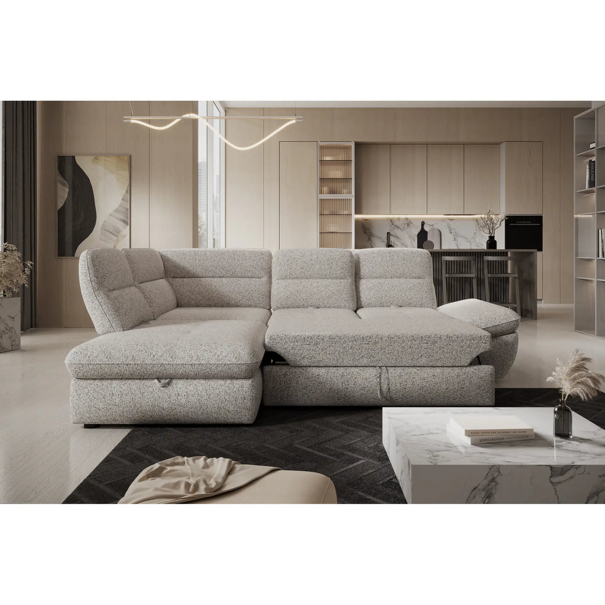 Coltar extensibil GALIANO L, personalizabil materiale gama Premium, cu lada depozitare si tetiere reglabile, 270x210x88 cm