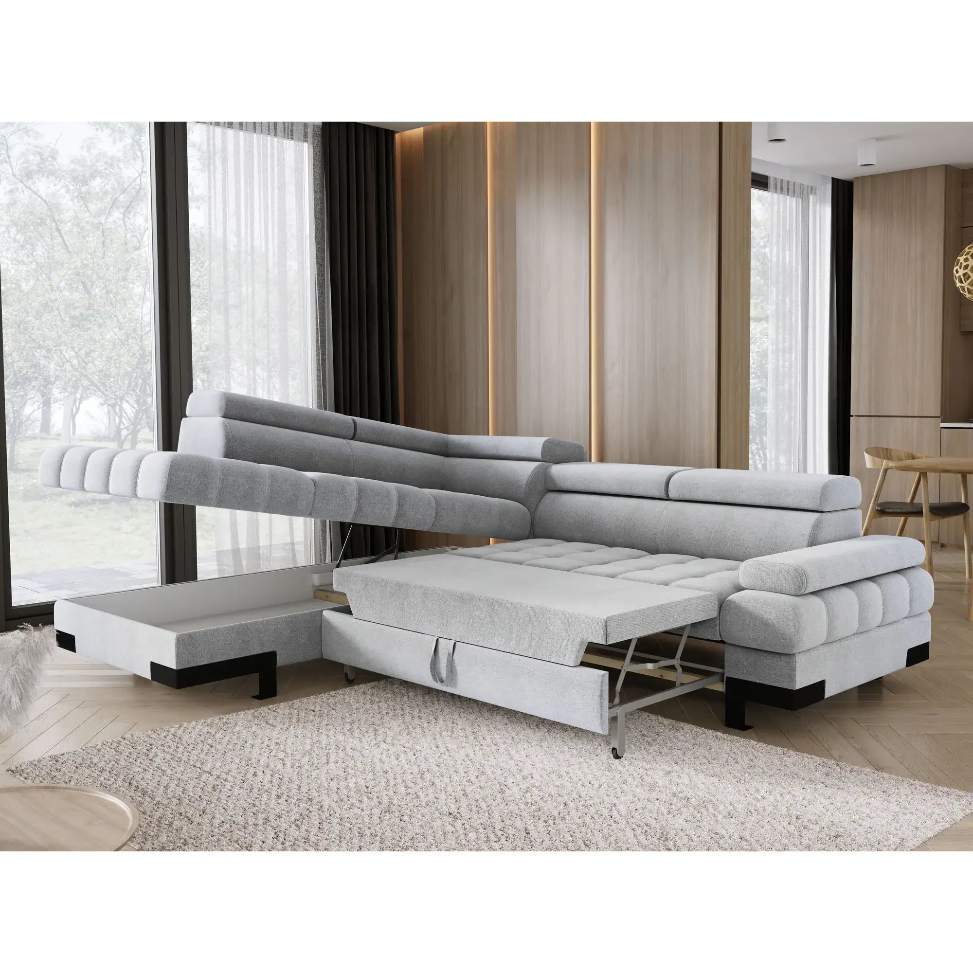 Coltar extensibil cu lada SELVA L, sezlong stanga, stofa catifelata bej - Whisper 03, Gama Premium, tetiere reglabile, 263x223x95 cm