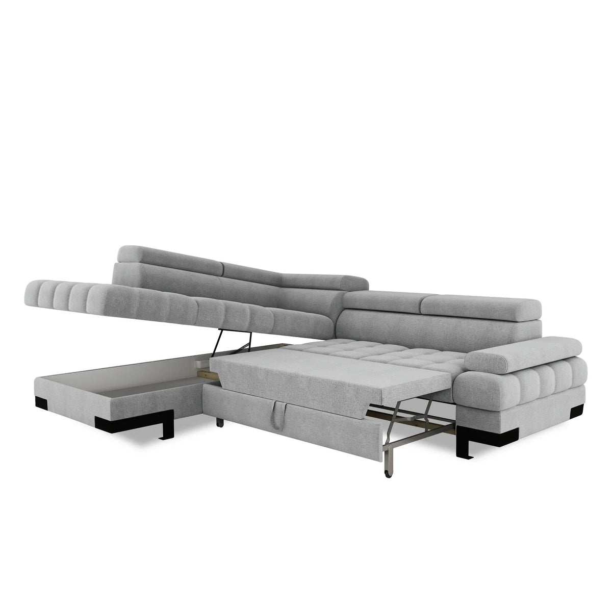Coltar extensibil cu lada SELVA L, sezlong stanga, stofa catifelata bej - Whisper 03, Gama Premium, tetiere reglabile, 263x223x95 cm