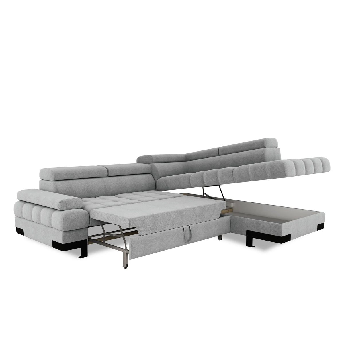 Coltar extensibil cu lada SELVA L, sezlong dreapta, stofa catifelata bej - Whisper 03, Gama Premium, tetiere reglabile, 263x223x95 cm