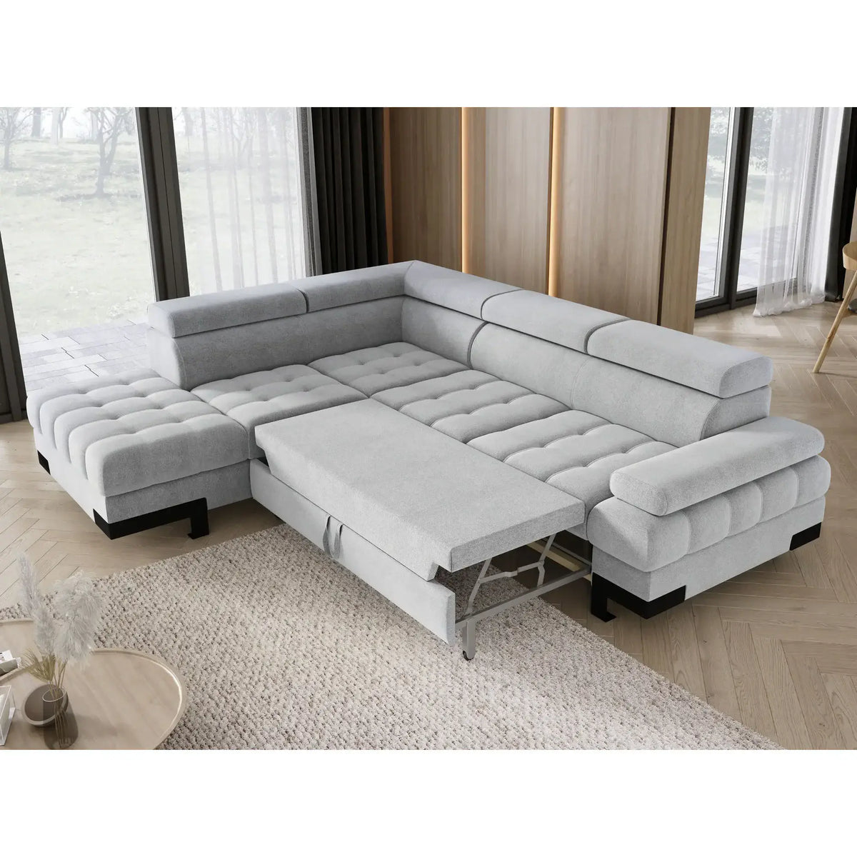 Coltar extensibil cu lada SELVA L, sezlong stanga, stofa catifelata bej - Whisper 03, Gama Premium, tetiere reglabile, 263x223x95 cm