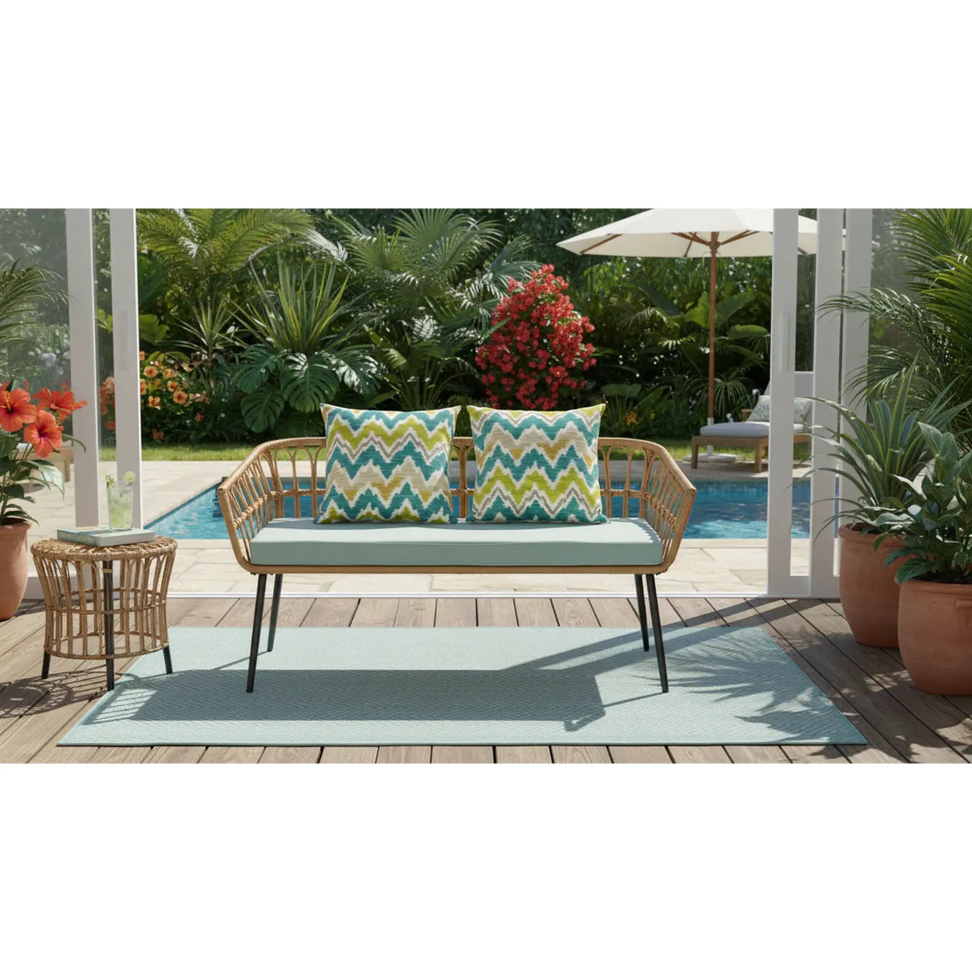 Banca GARDENA 2S, stejar/negru, rattan sintetic/otel, 140x68x71 cm